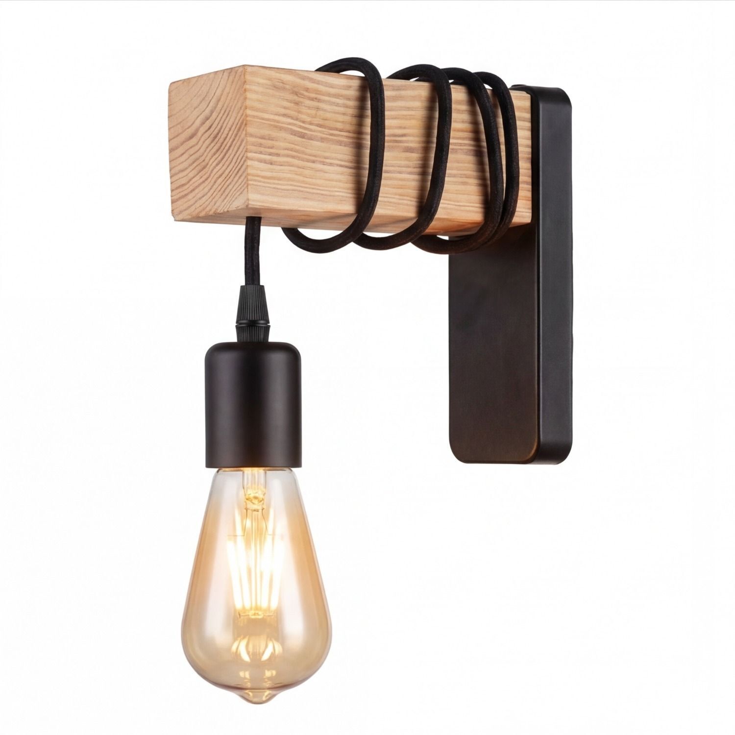 Wandlampe Metall E27 16 cm hoch geflammtes Holz Schwarz Wandleuchte, Wandlampe, Holzblock, Edison-Birne, Kabelspirale