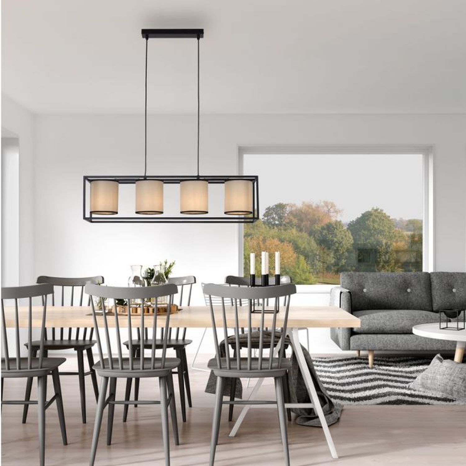 Pendelleuchte Stoff Metall Beige Schwarz E27 80 cm lang