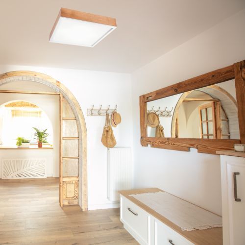 Holz Deckenleuchte Glasschirm E27 B:48 cm blendarm Drinnen, Innenarchitektur, Holz