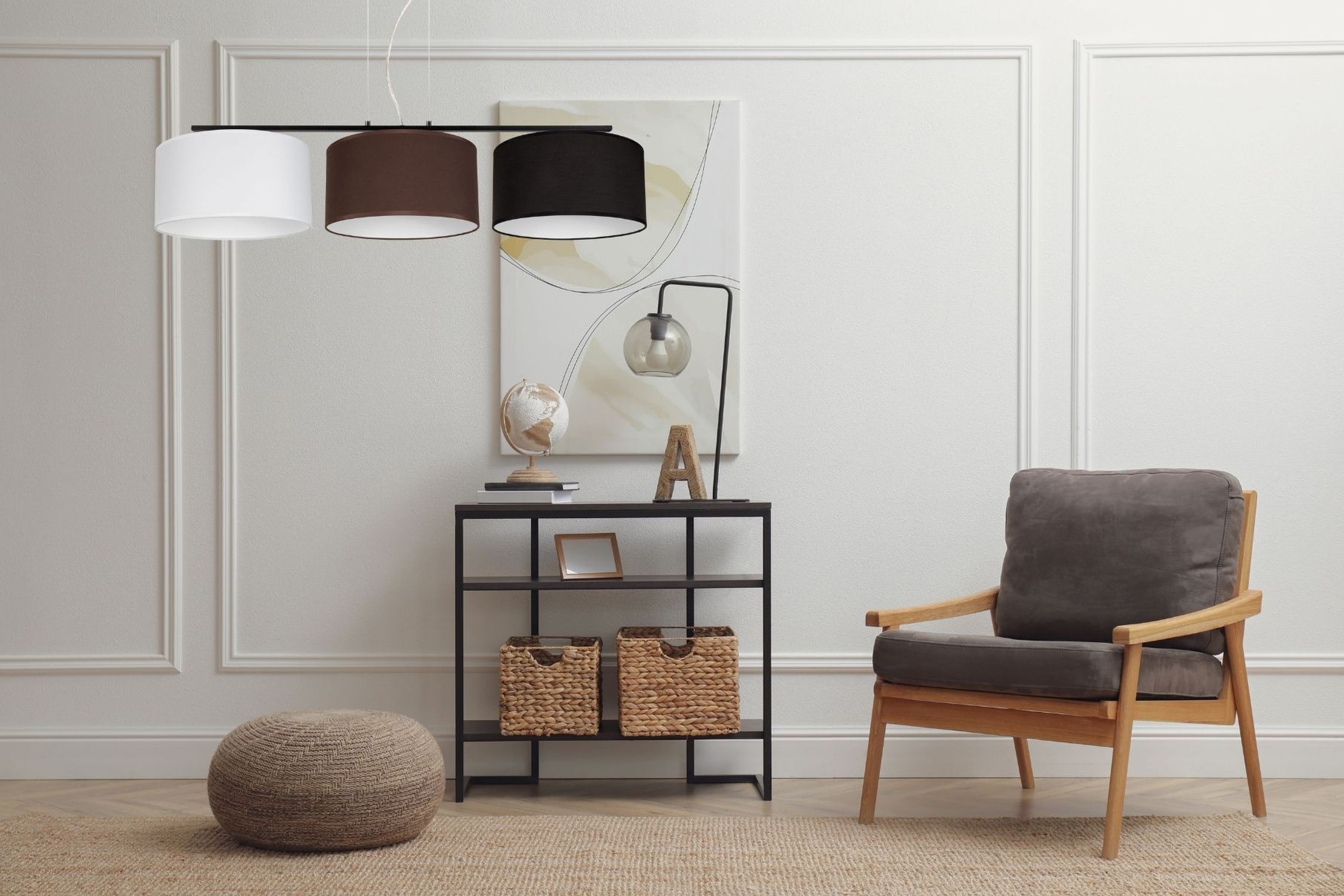 Hängelampe Stoff Weiß Braun Schwarz E27 100 cm lang Lampe, Pendelleuchte, Wohnzimmer, Regal, Stuhl