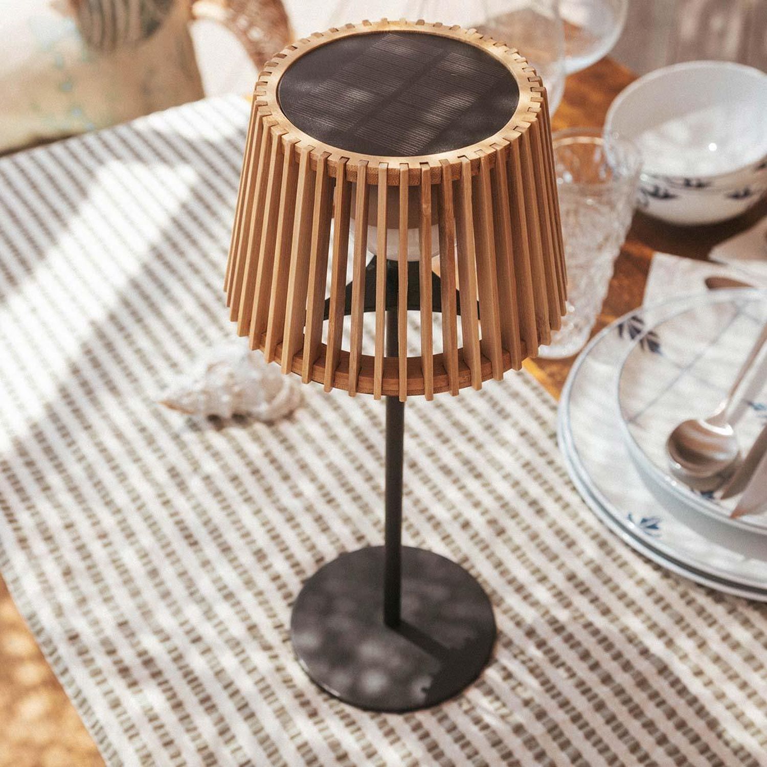 Tragbare LED Tischleuchte Solar Holz Metall 36 cm IP54 2700K Lampe