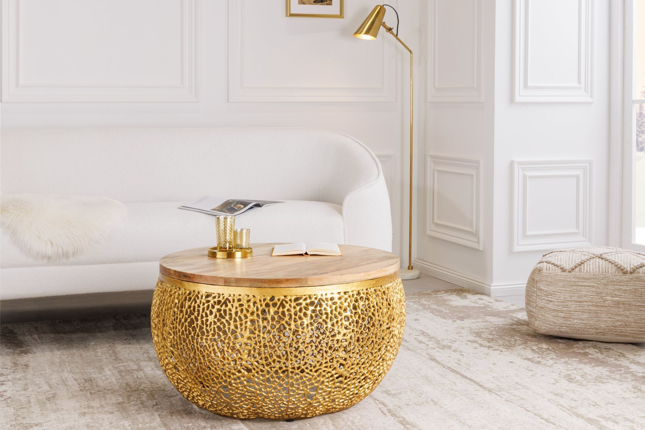 Couchtisch Mango Holz Metall in Natur Gold Ø 80cm Handarbeit Lampe, Mobiliar