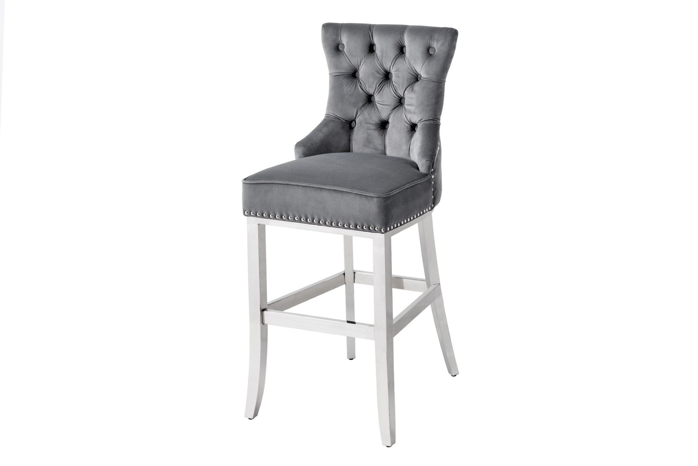 Barstuhl mit Lehne Samt Edelstahl in Grau Silber Chesterfield