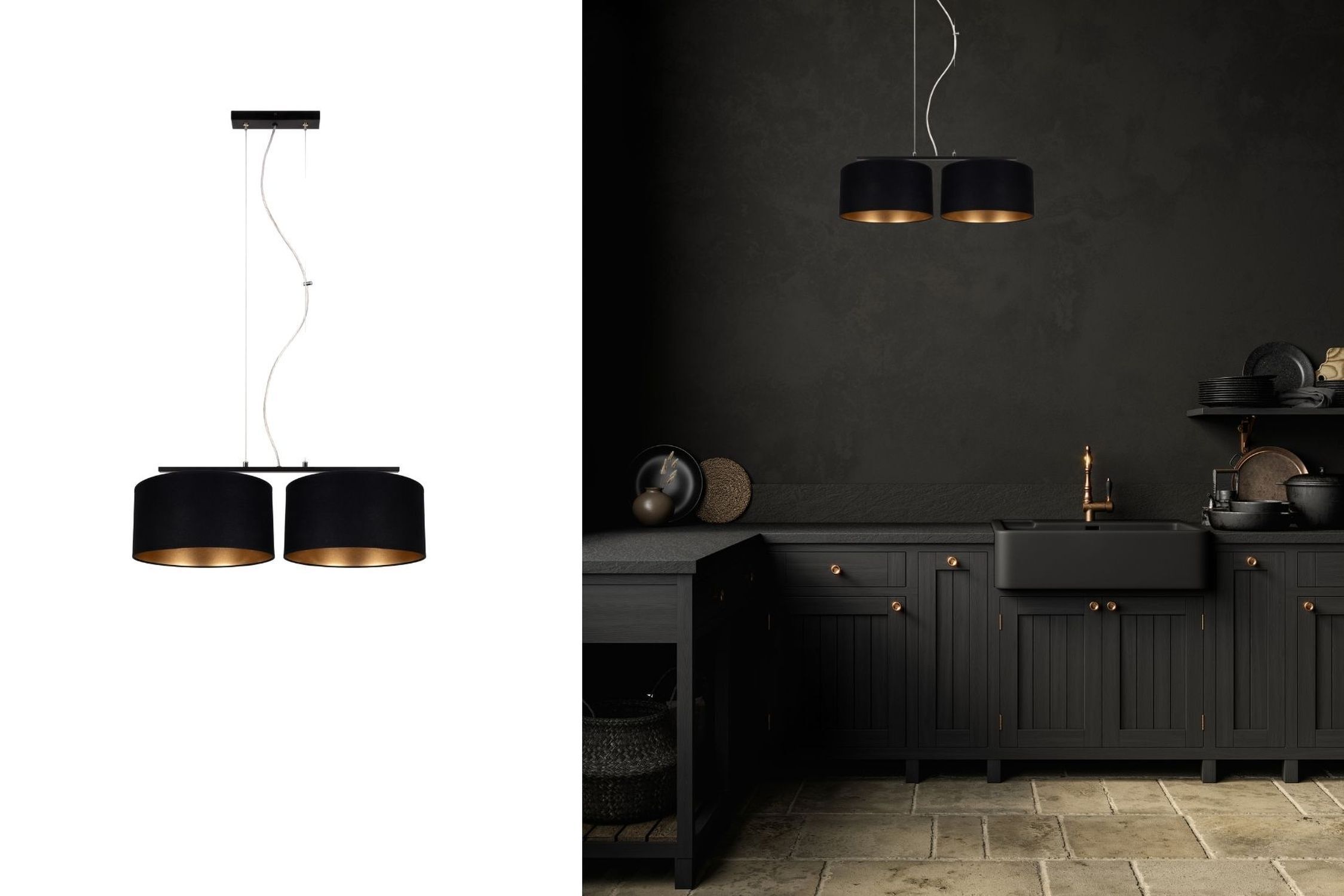 Stoff Hängelampe blendarm Schwarz Gold E27 70 cm lang