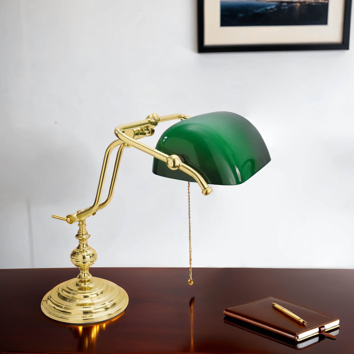 Gebogene Jugendstil Bankerlampe Vergoldet 24 Karat Lampe, Zubehör, Geldbörse, Tischlampe, Lampenschirm