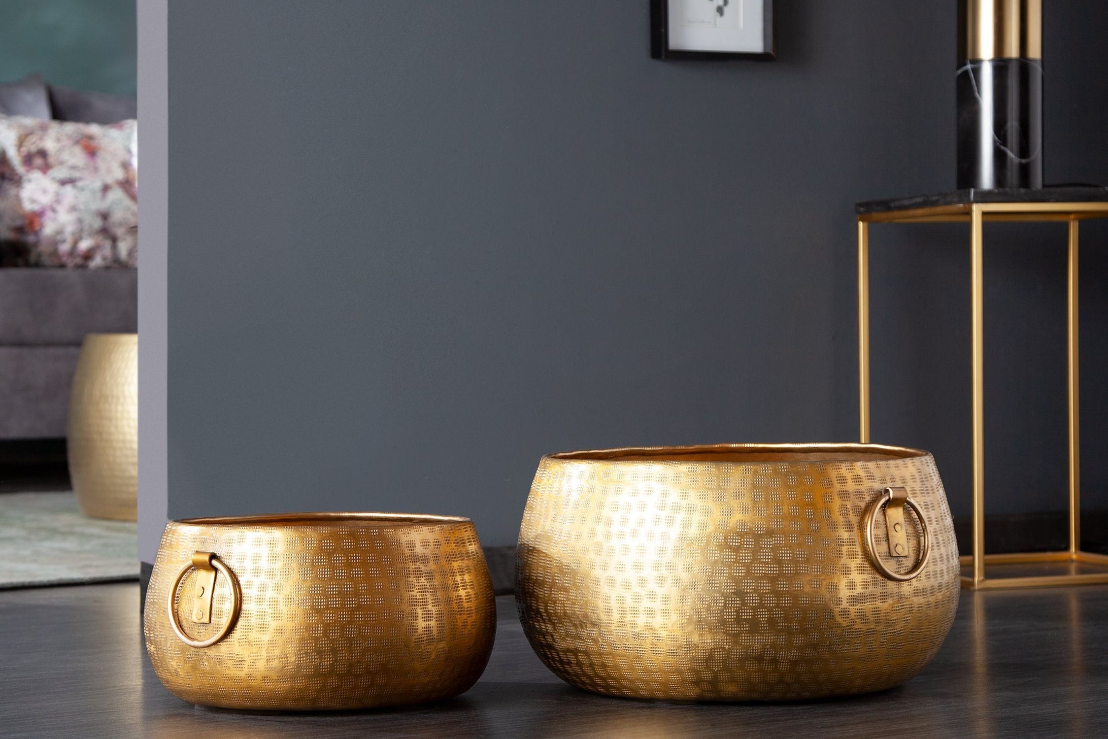 Übertopf 2er Set Metall in Gold Handarbeit Hammerschlag Schale