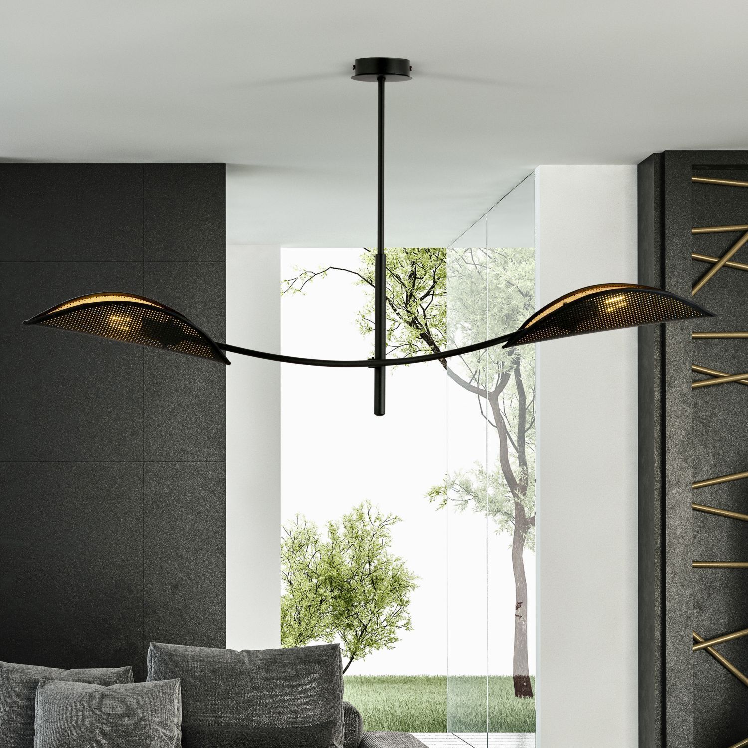 Deckenlampe Stoff Metall 103 cm lang drehbar in Schwarz Gold