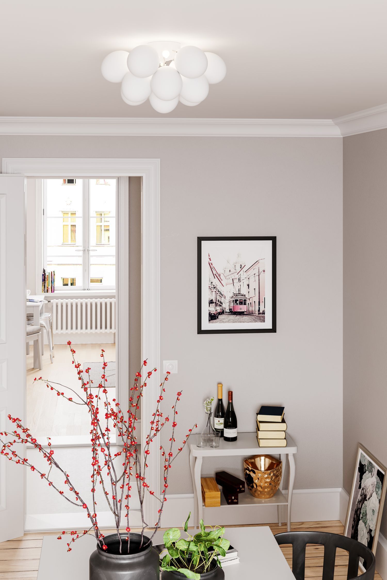 Deckenlampe Weiß matt B: 30 cm 3-flammig G9 Metall Glas Innenarchitektur, Blume, Blumen-Arrangement, Gemälde, Tabelle