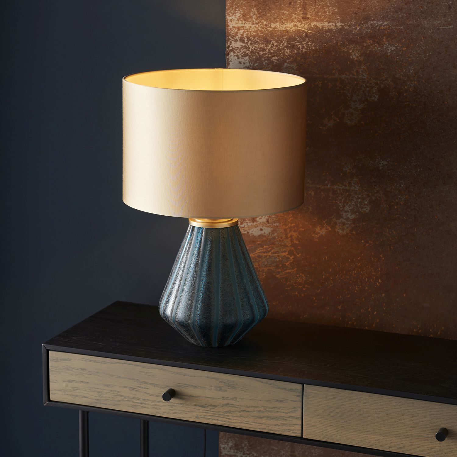 Tischlampe Glas Metall Stoff 53 cm hoch in Türkis Gold Modern