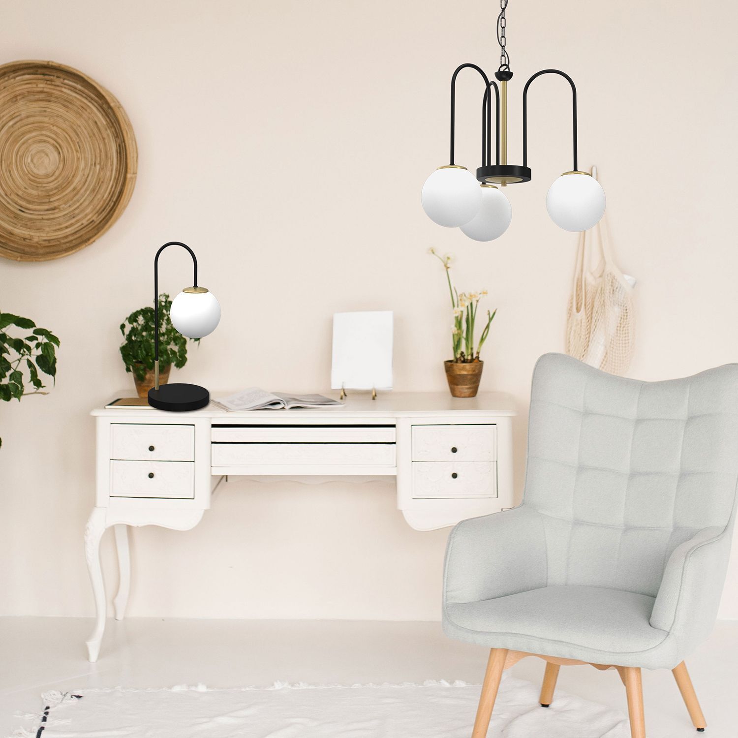 Nachttischlampe Metall Glas 52 cm Schwarz Weiß Messing Moebel, Tabelle, Lampe