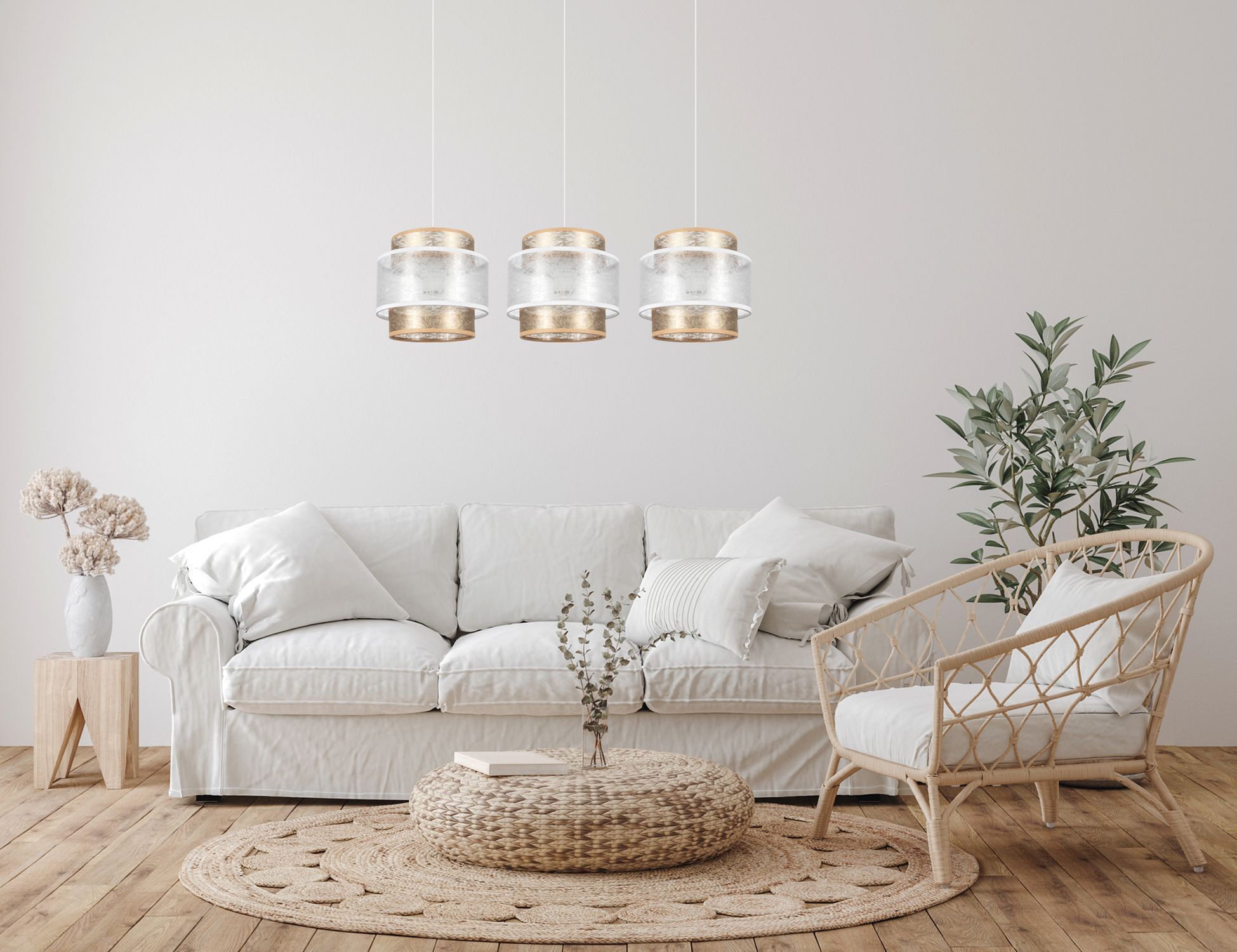 Längliche Pendelleuchte Stoff Metall E27 3-flmg 75 cm