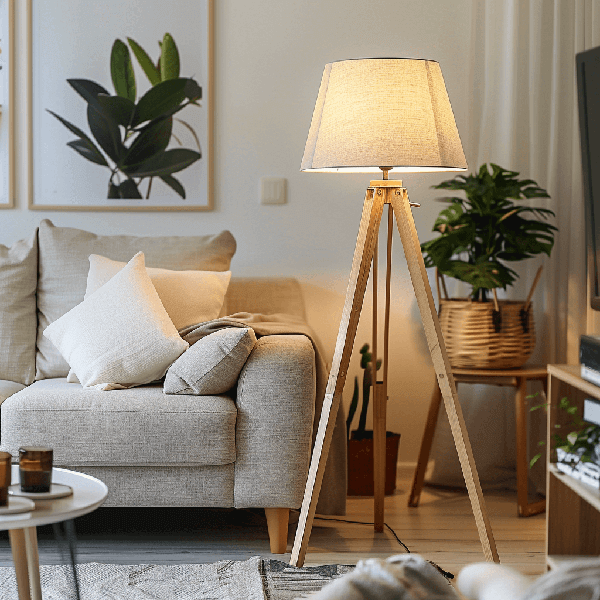 Stehlampe, Tripodlampe, Leinen-Schirm, Holz-Trippod, Wohnzimmer