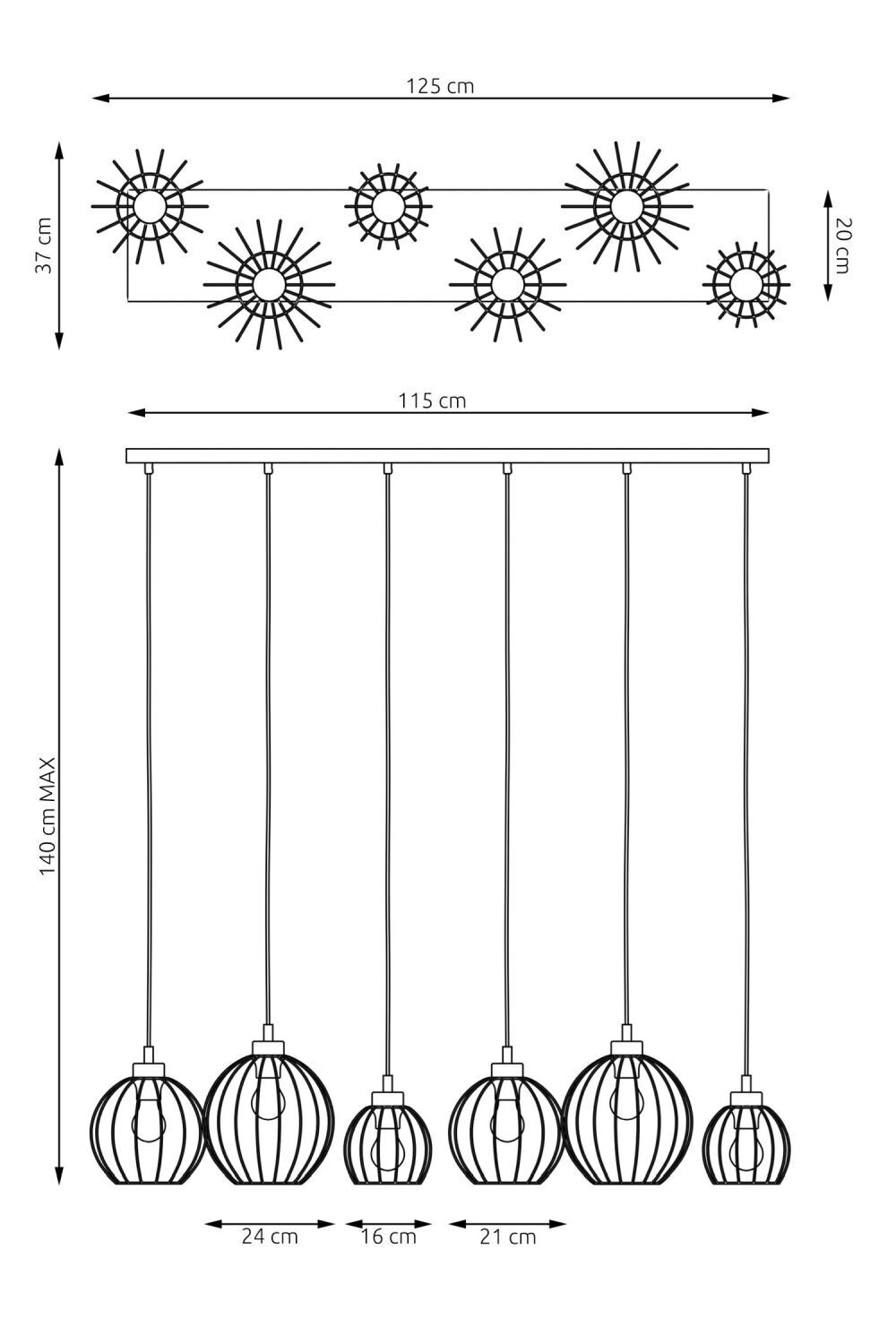 Schwarze Pendelleuchte E27 Metall 6-flammig L:125 cm