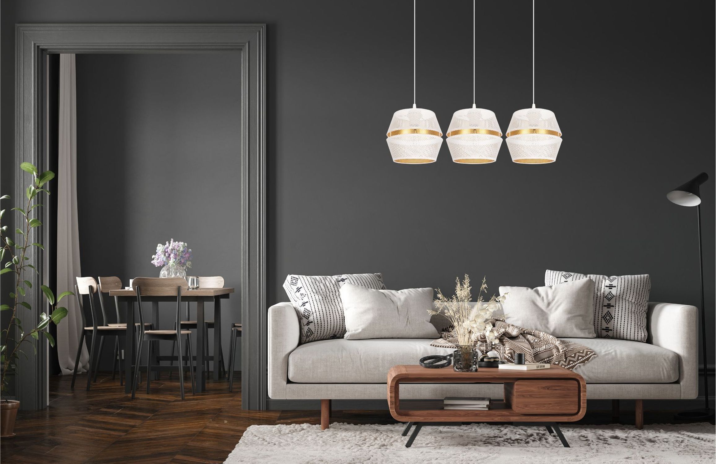 Pendelleuchte Metall Weiß Gold E27 70 cm lang 3-flammig