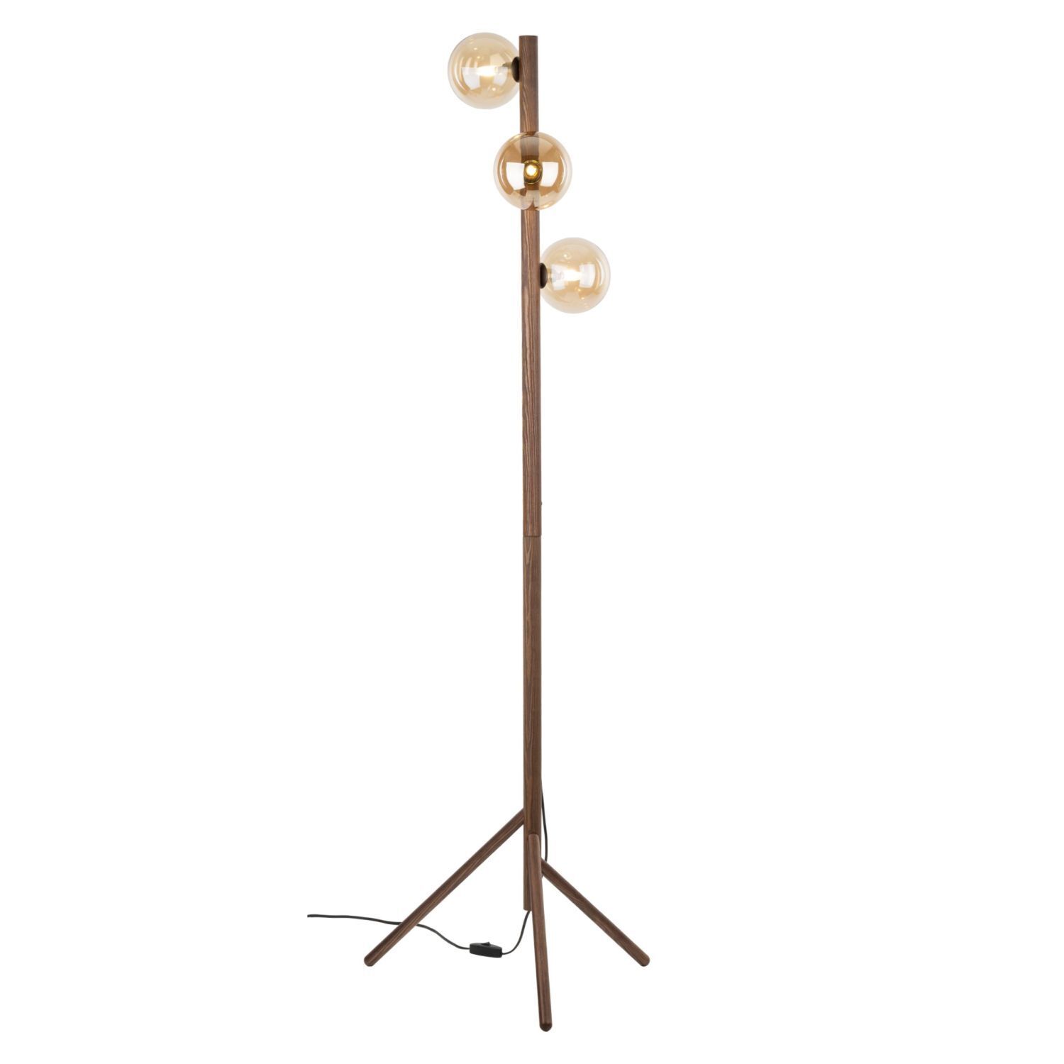Stehleuchte Braun Holz 150 cm G9 elegant Tripod Glas fußbodenlampe, Holzlampe, Dreibeinfuß, Globus-Glühbirnen, Glas-Glühbirnen
