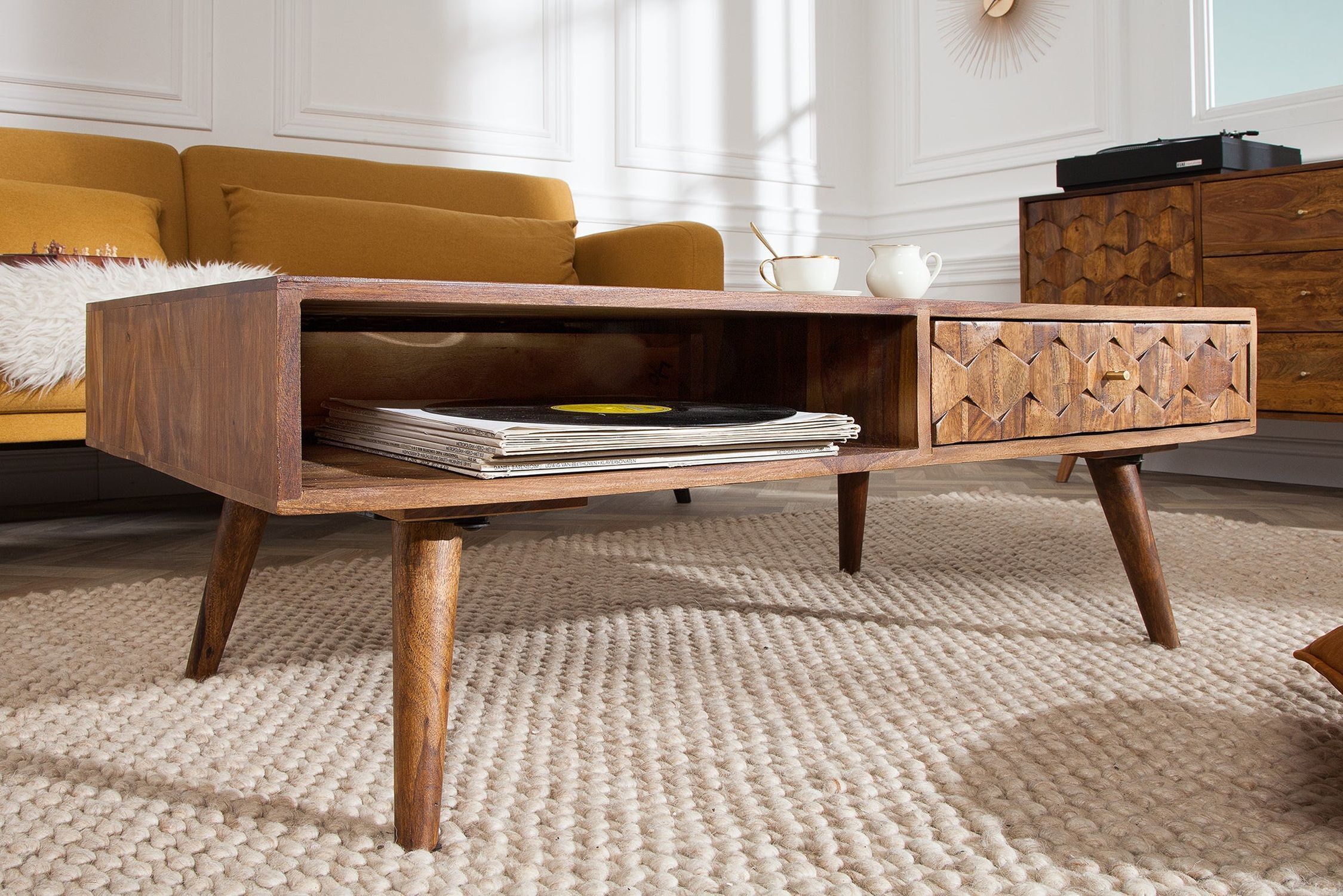 Couchtisch mit Schublade Sheesham Holz in Natur 110x60 cm Kaffeetisch, Mobiliar, Tabelle, Anrichte, Holz