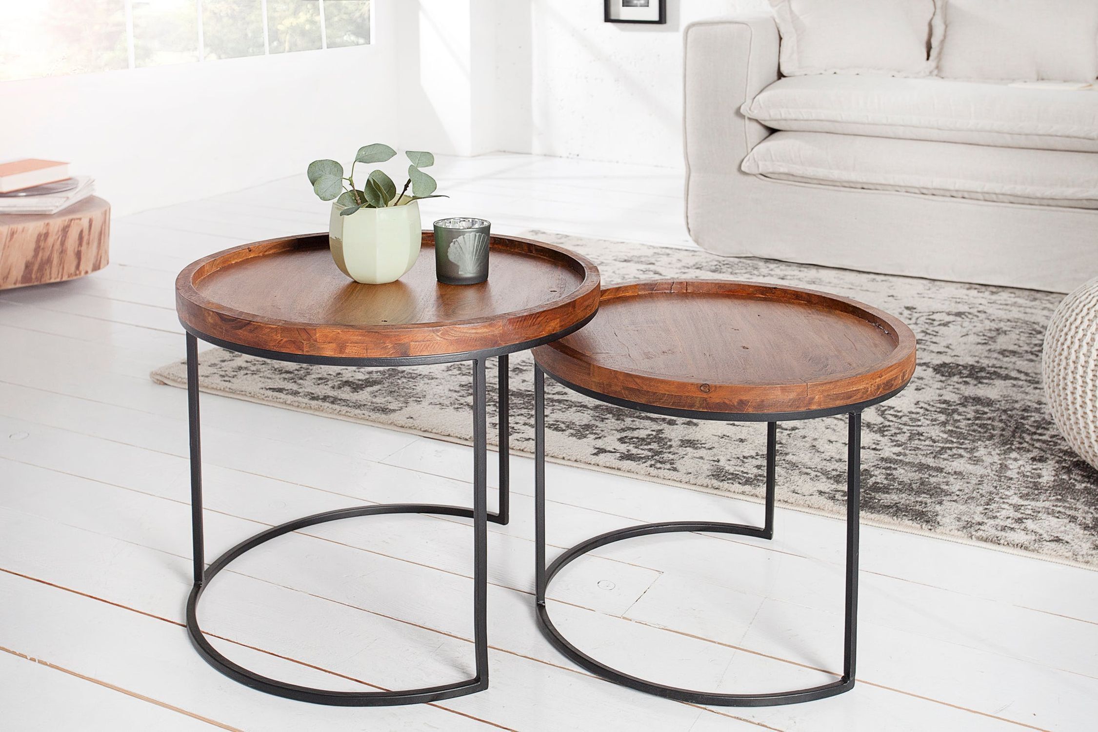 Beistelltisch 2er Set Akazienholz Metall rund Moebel, Tabelle, Kaffeetisch, Tischplatte, Pflanze