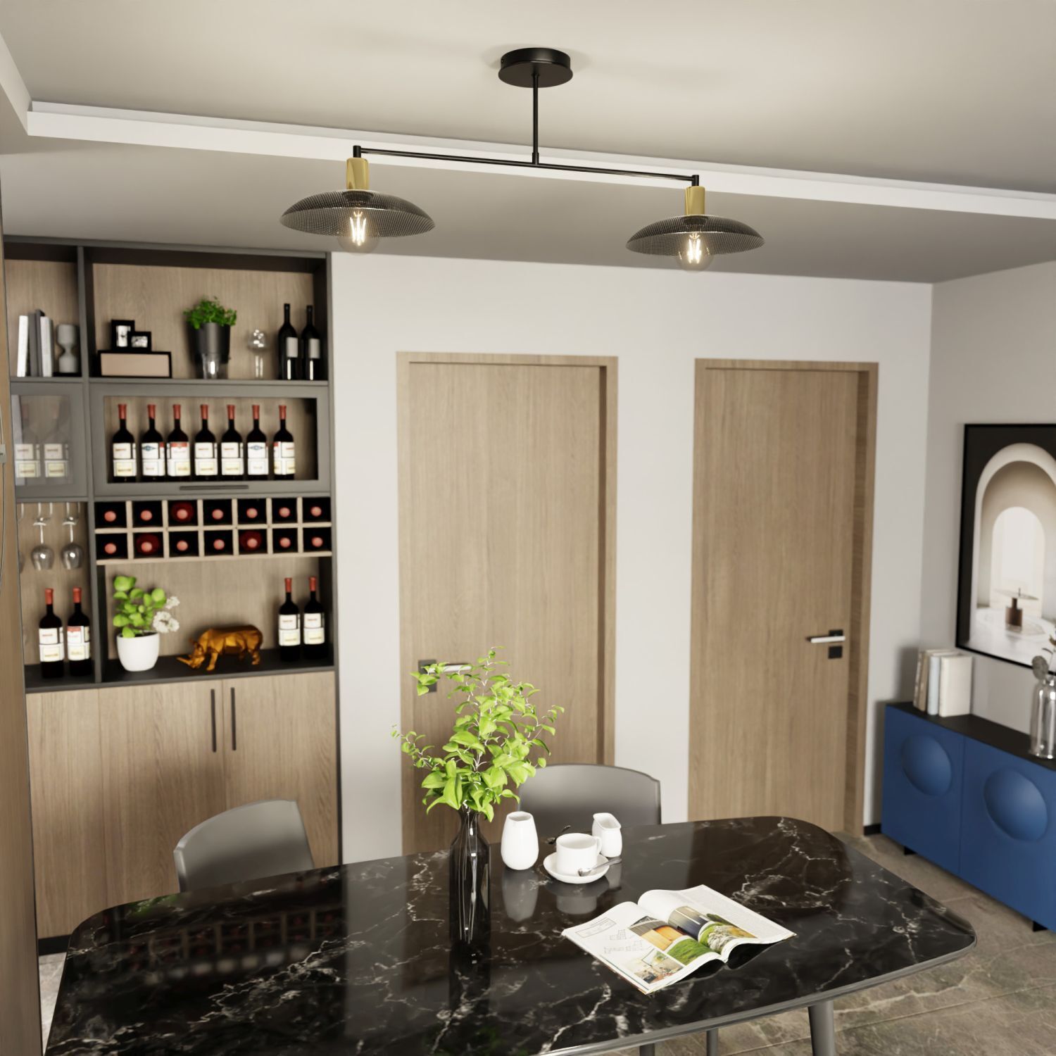 Deckenleuchte Metall 100 cm lang Schwarz Gold E27 2-flammig Drinnen, Innenarchitektur, Esstisch, Tisch, Esszimmer