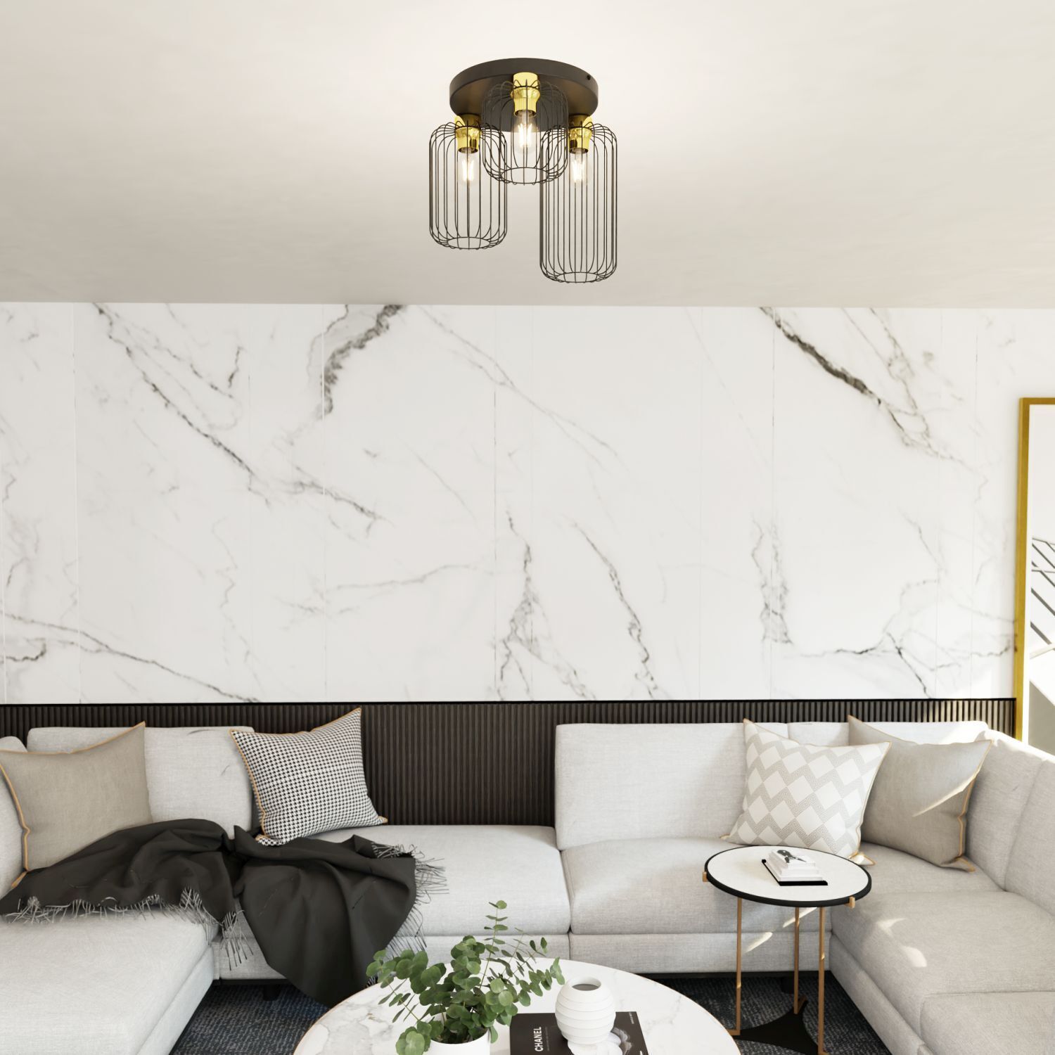 Deckenleuchte Retro Schwarz Gold E27 3-flmg Ø30 cm rund Innenarchitektur, Wohnzimmer, Couch, Dekoration für Zuhause, Buch