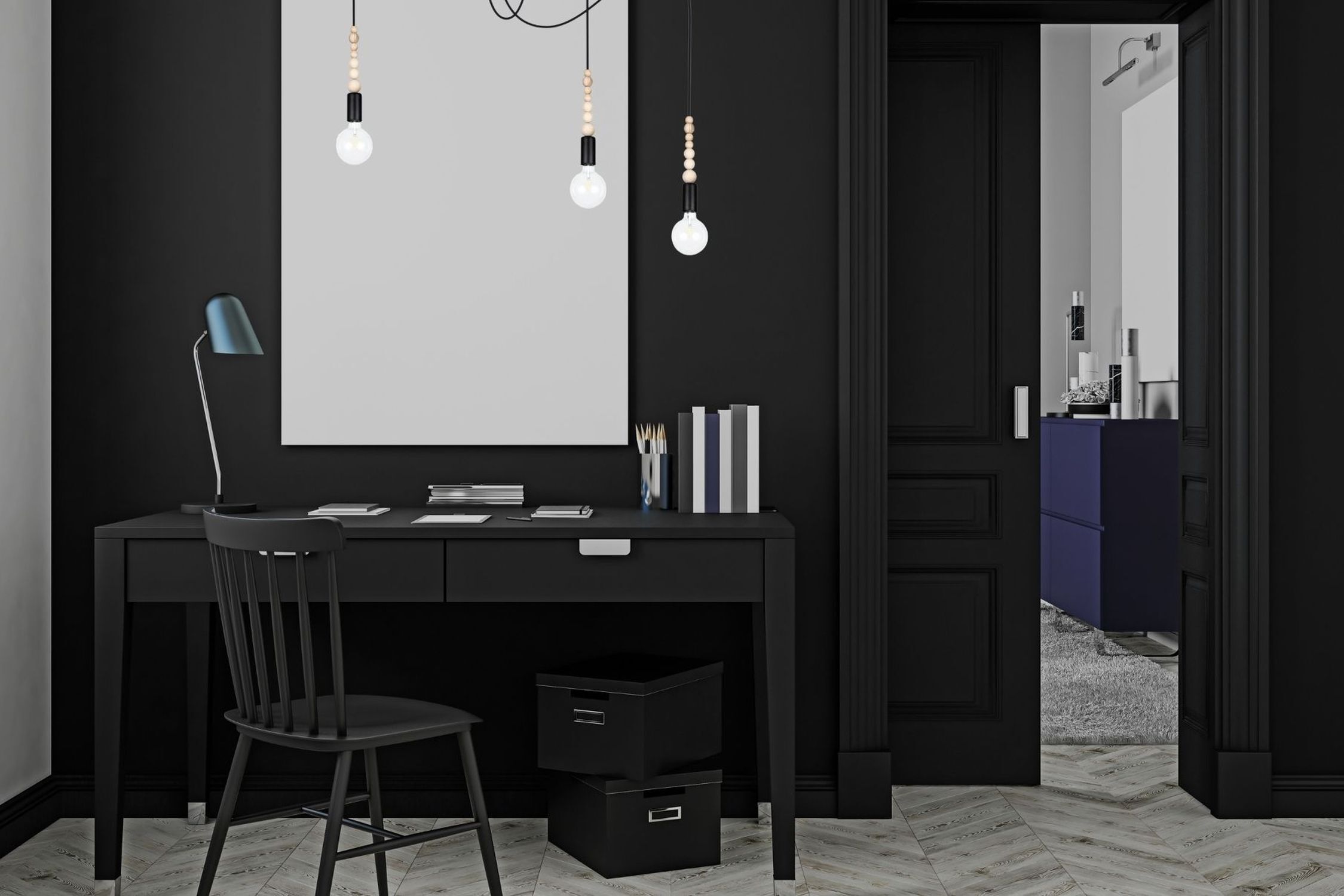 Schreibtisch, Arbeitszimmer, Schwarz, Lampe, Ordnung