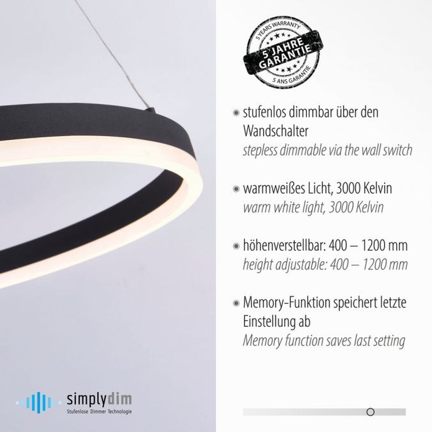 LED Pendelleuchte Anthrazit dimmbar 3000 K Ø80 cm Ring Lampe
