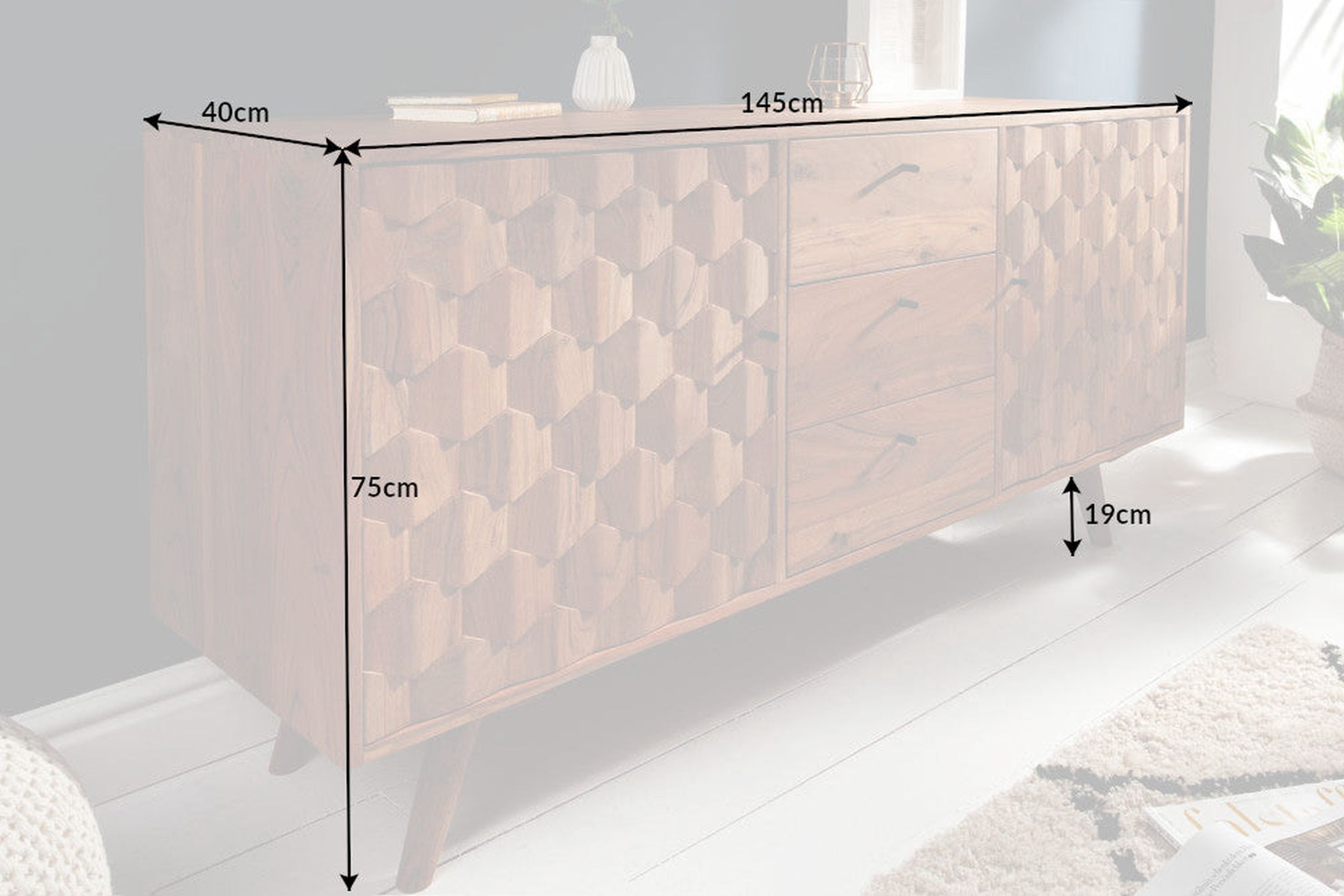 Sideboard Akazie 145 x 75cm 3D-Fronten Retro Schubladen Türen