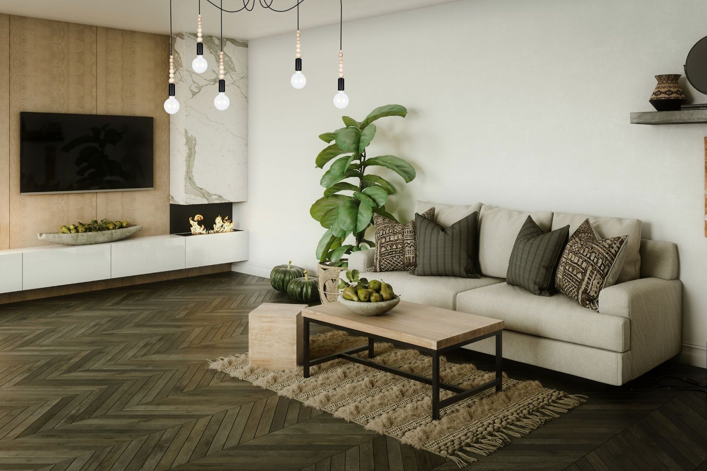 Wohnzimmer, Sofa, Teppich, Pflanze, Holzboden