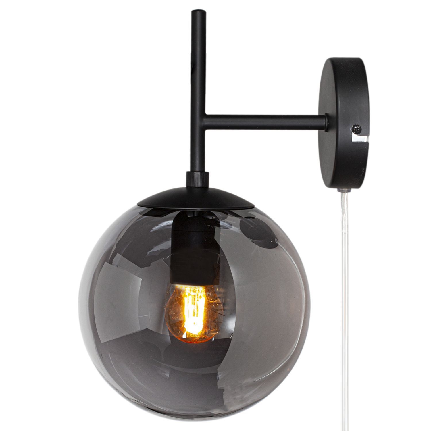 Wandleuchte mit Stecker E27 Metall Rauchglas Kugelschirm