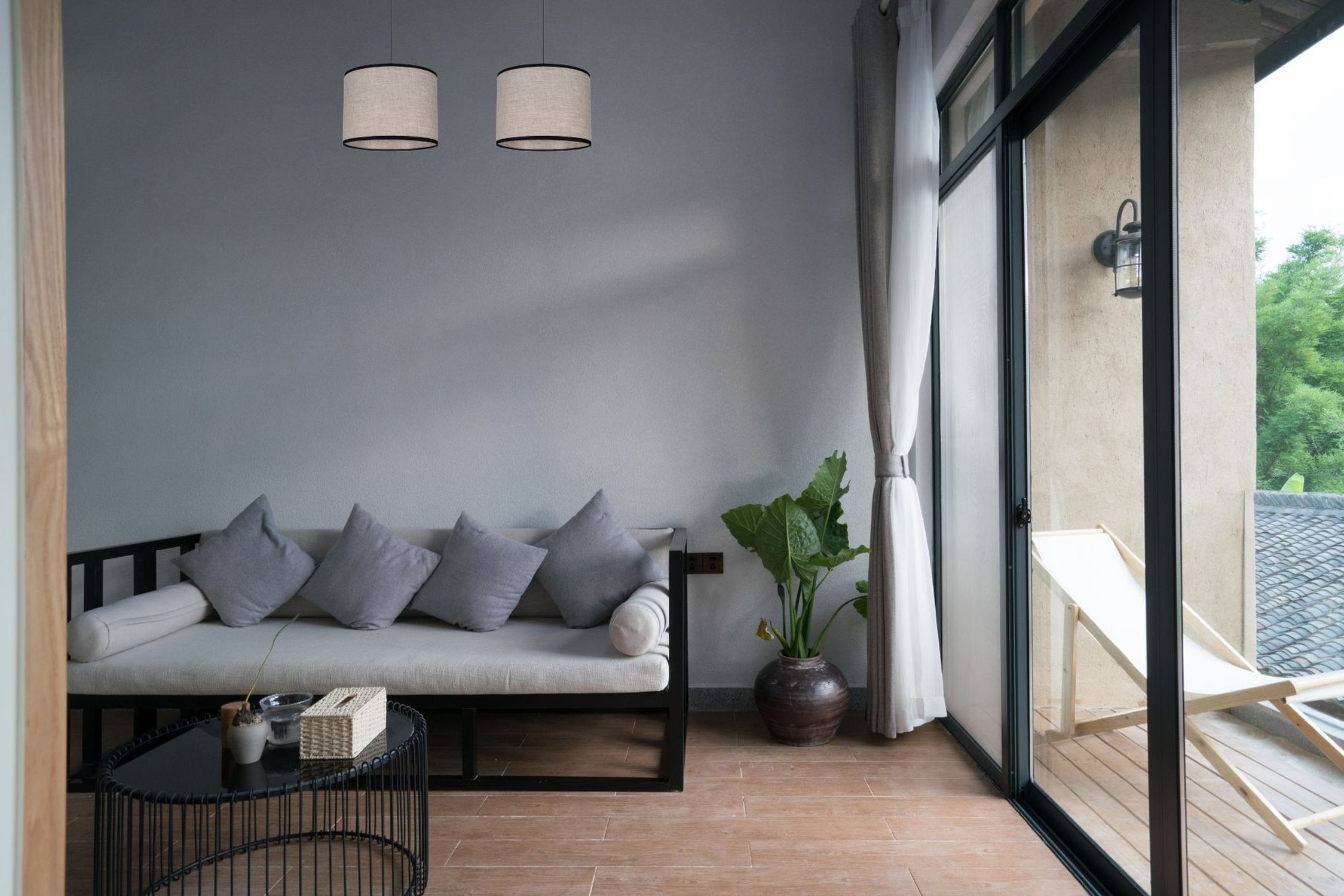 Lange Hängelampe Stoff Schwarz Beige E27 50 cm 2-flmg Sofa, Couch, Wohnzimmer, Topfpflanze, Balkontür