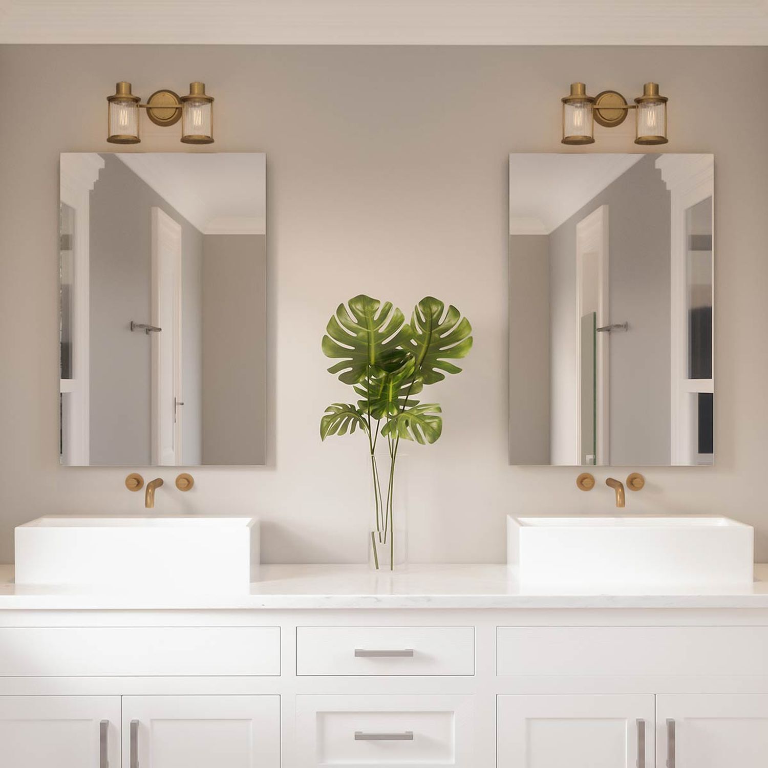 Wandleuchte Bad Vintage IP44 B: 38,1 cm Metall Glas 2x E27 badezimmer, doppelspiegel, waschtisch, pflanze, monstera