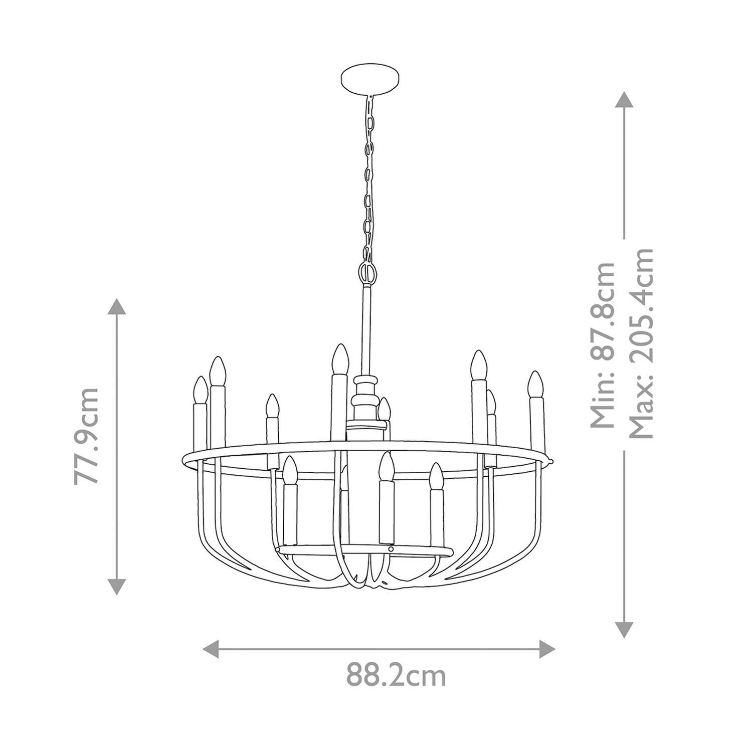 Kronleuchter Metall B: 88,2 cm H: max. 205,4 cm 12x E14