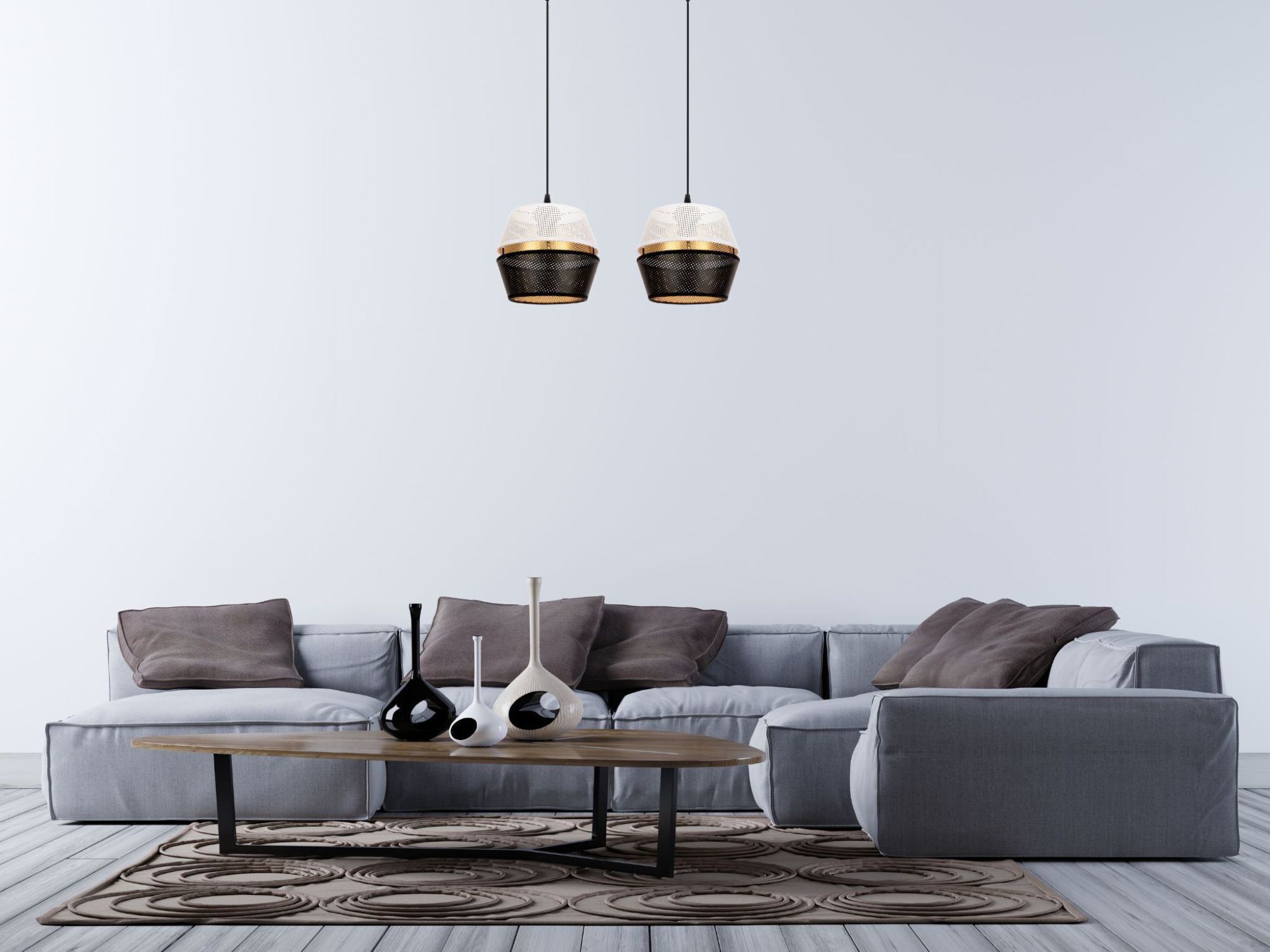 Lange Pendelleuchte 2-flammig Metall Schwarz Weiß Gold Couch, Wohnzimmer, Dekoration Ihres Zuhauses, Innenarchitektur, Tabelle