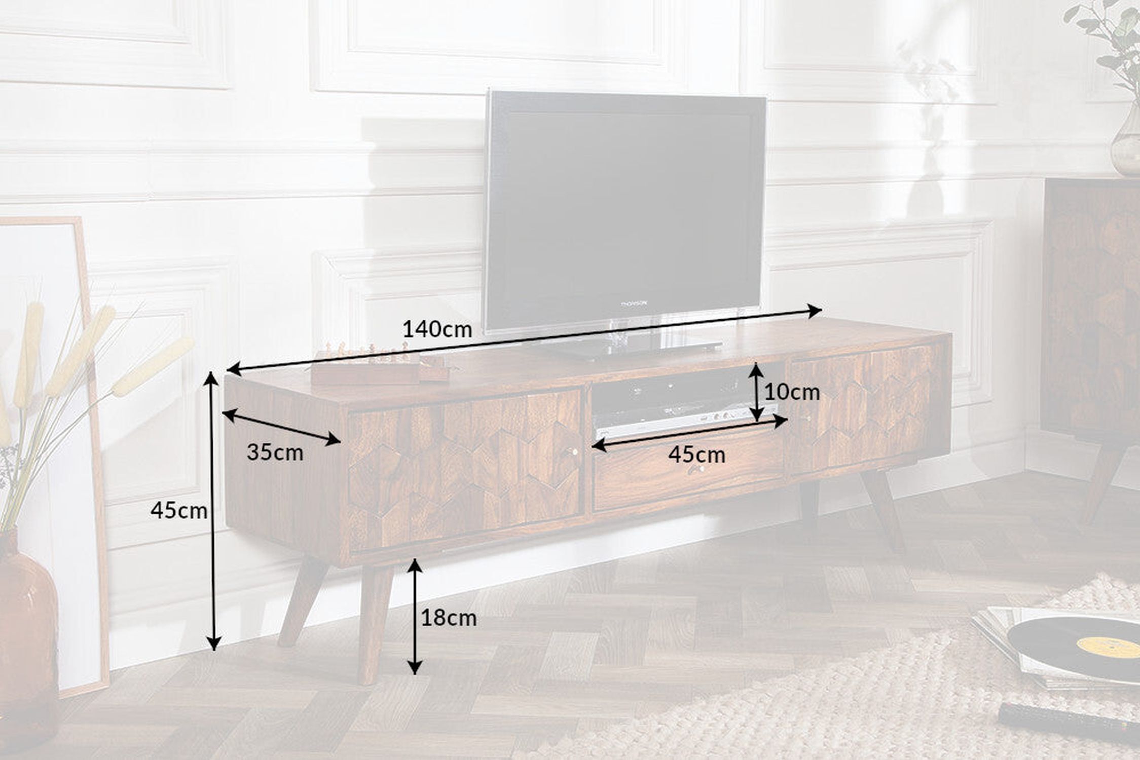 TV Lowboard Golz Sheesham 140 cm breit 3D-Fronten massiv Anrichte, Bildschirm, Computer-Hardware, Überwachen, Innenarchitektur