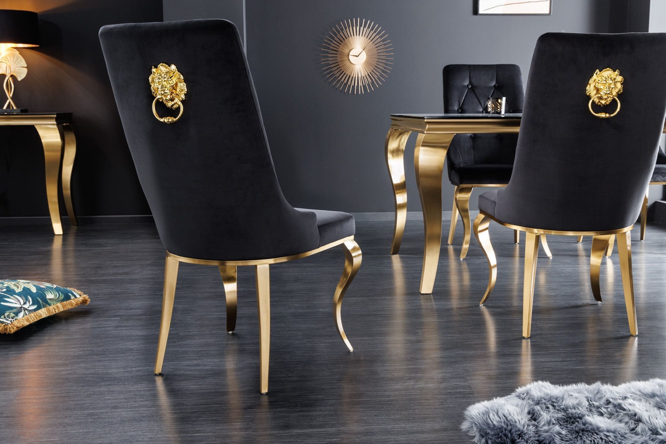 Esszimmerstuhl Samt Metall mit Griff Schwarz Gold Barock Innenarchitektur, Fußboden, Mobiliar, Stuhl, Dekoration für Zuhause