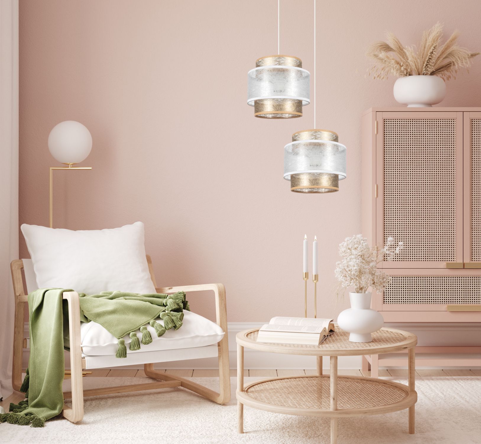 Stoff Pendelleuchte Weiß Gold E27 2-flammig L:33 cm