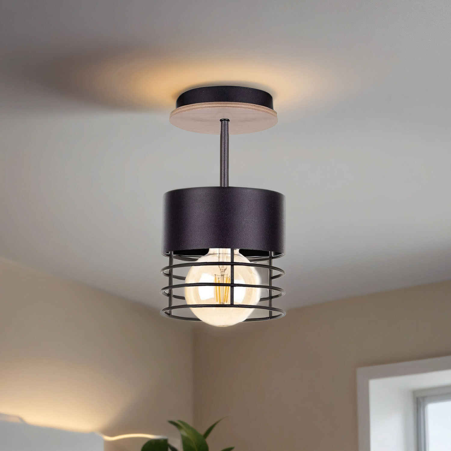 Deckenlampe Modern Metall Holz Schwarz Ø12cm rund Deckenleuchte, Leuchte