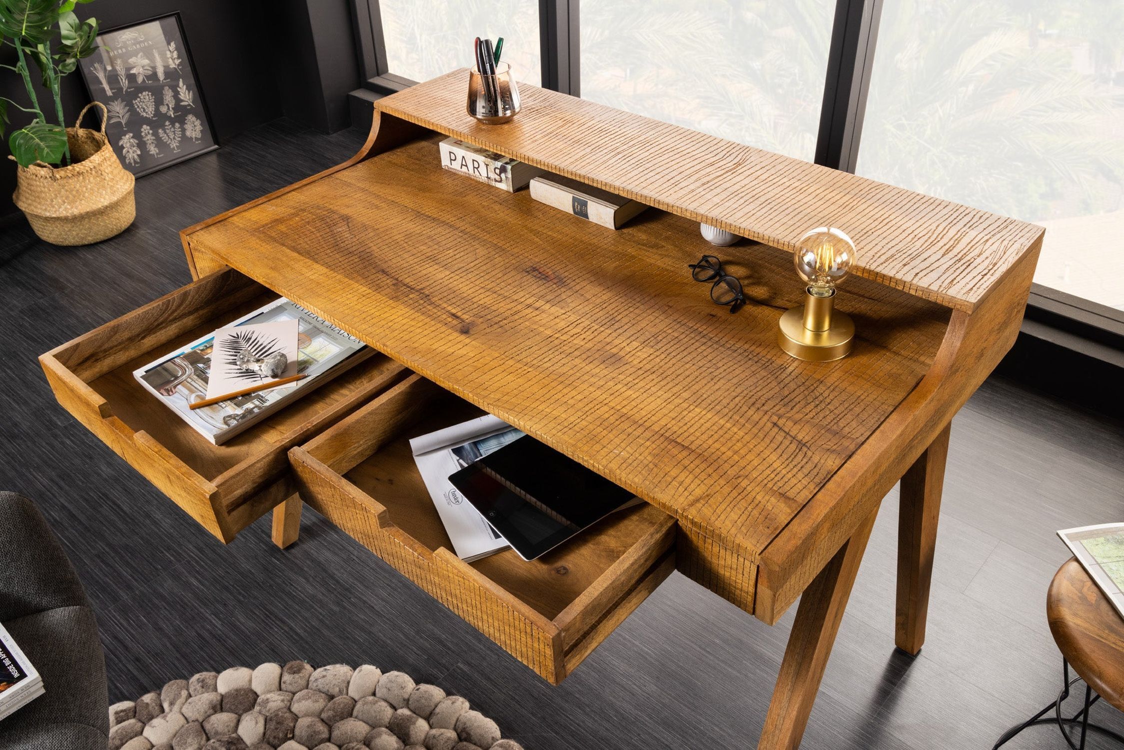Schreibtisch mit Schublade Mango Holz in Natur 120x86 cm Tabelle, Hartholz, Holz, Tischplatte, Gebeiztes Holz