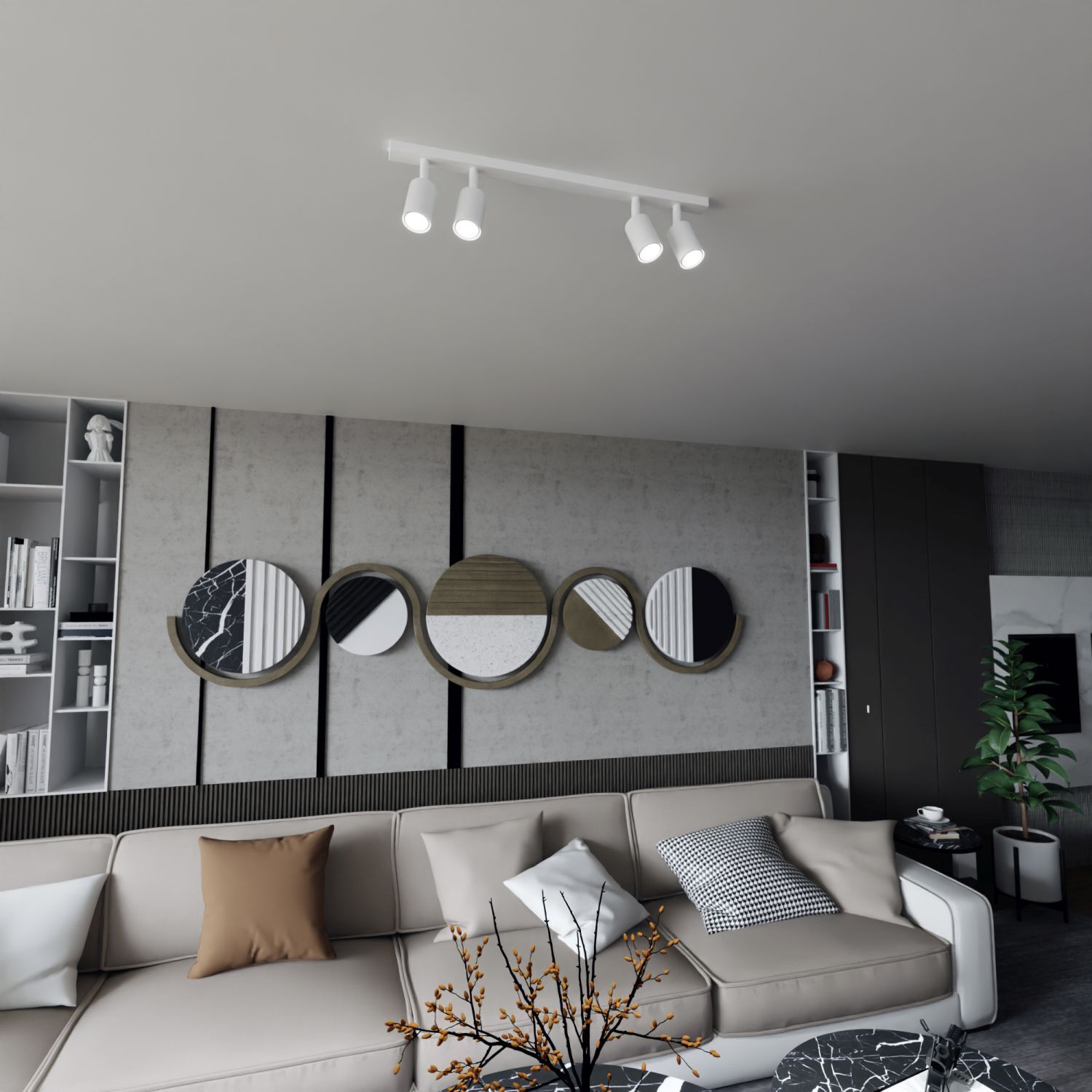 Deckenlampe Weiß 70 cm lang Metall schwenkbar GU10 4-flammig Dekoration für Zuhause, Innenarchitektur, Wohnzimmer, Kissen, Couch