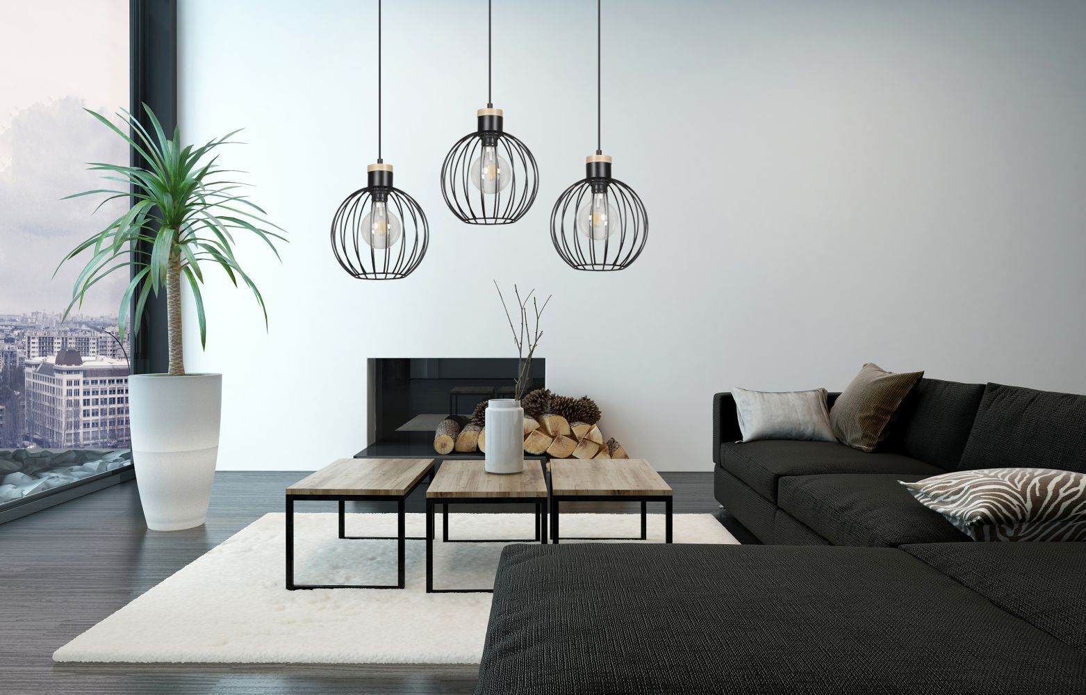 Hängelampe Retro Schwarz Metall Kugel Schirm 3 flammig