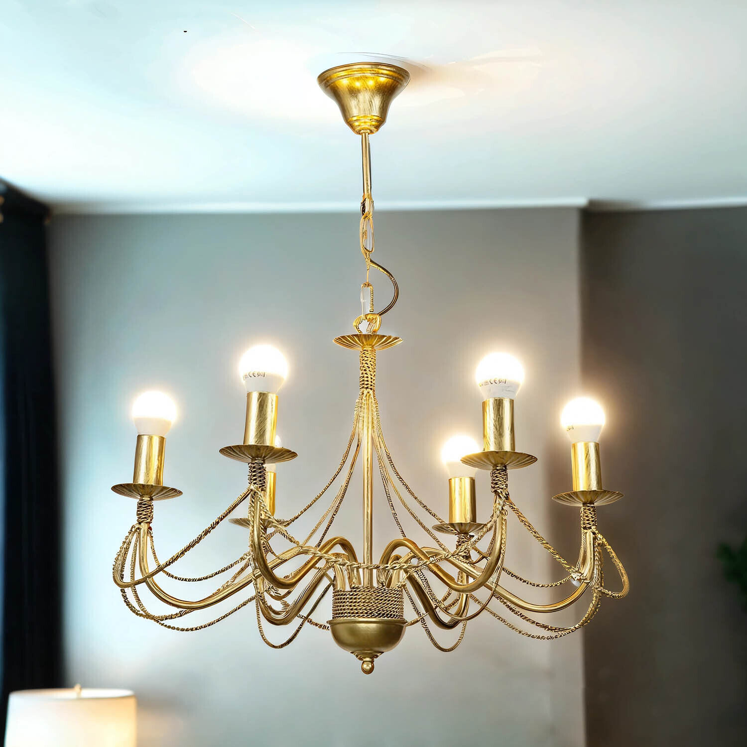 Kronleuchter Gold Metall Rustikal 6-flammig E14 Leuchter, Lampe