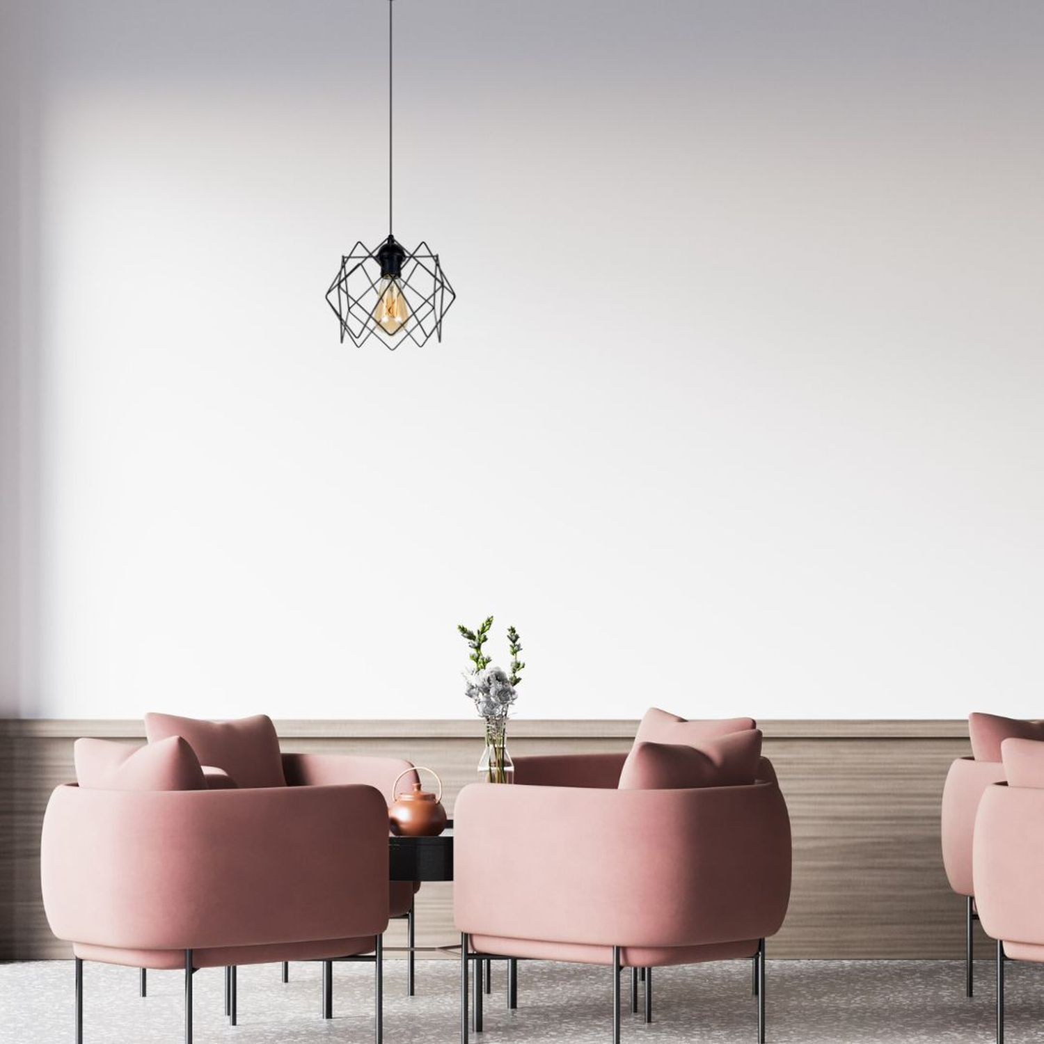 Pendelleuchte, geometrische Lampe, Metallrahmen, offene Glühbirne, minimalistische Dekoration