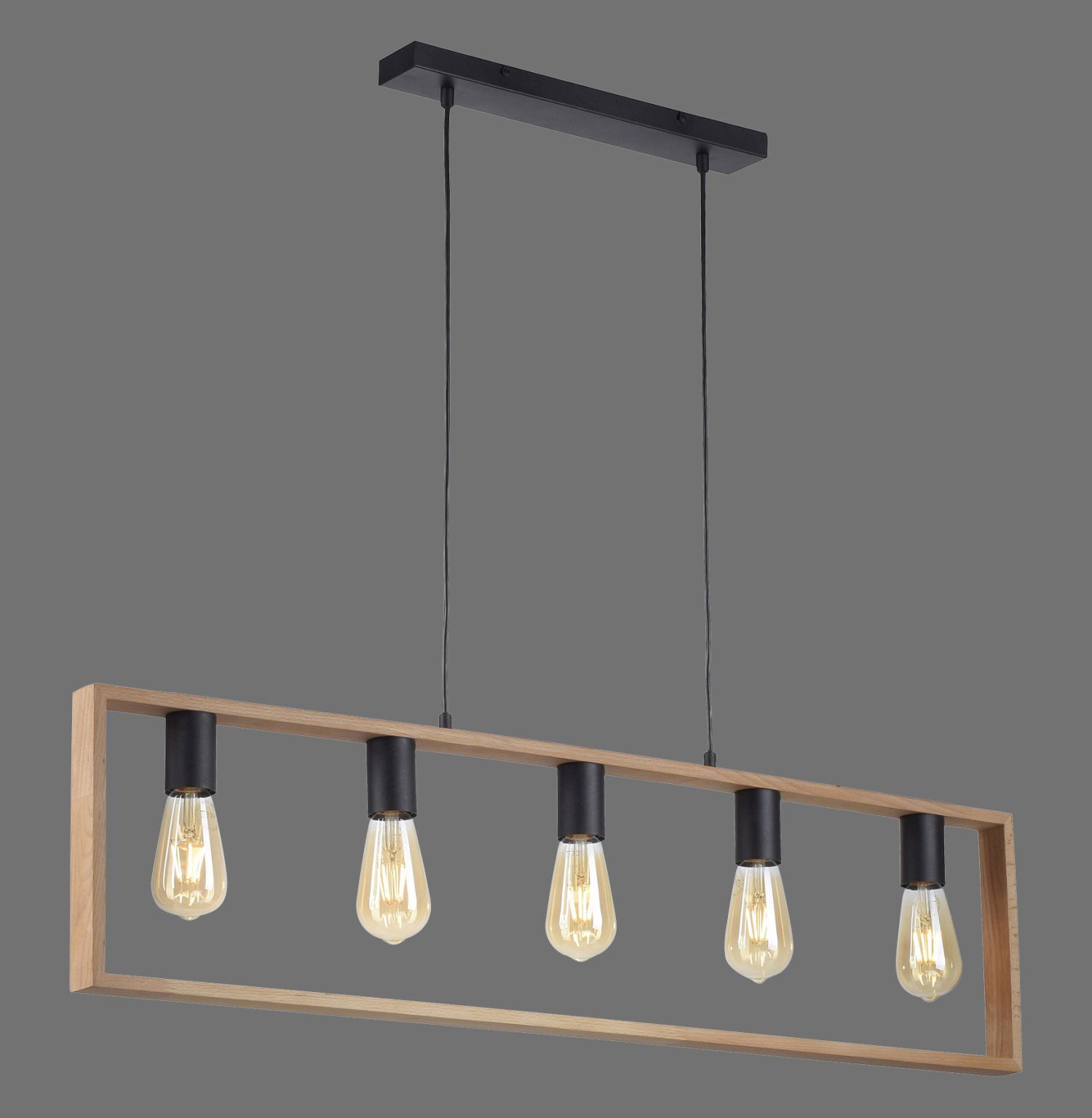 Natürliche Hängelampe Retro Holz Metall L:100 cm 5-flmg Leuchte, Licht, Leuchter, Lampe