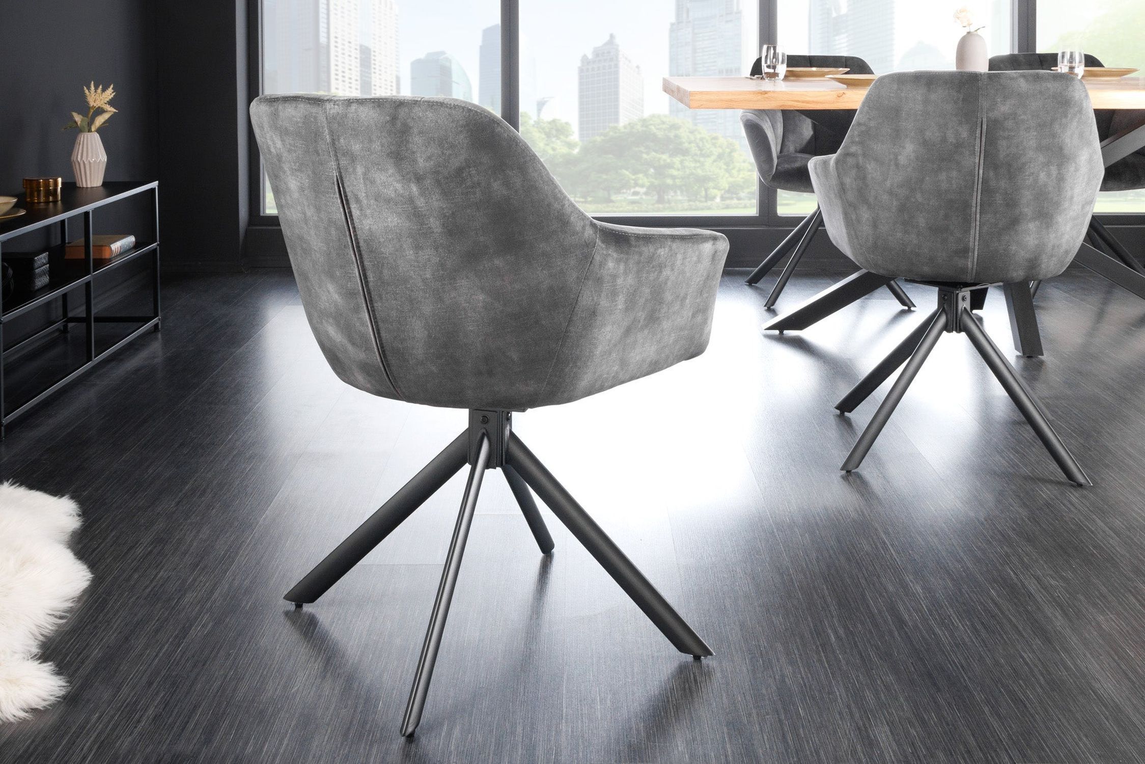 Bürostuhl Samt Metall Grau Schwarz ohne Rollen Fußboden, Bodenbeläge, Mobiliar, Stuhl, Innenarchitektur