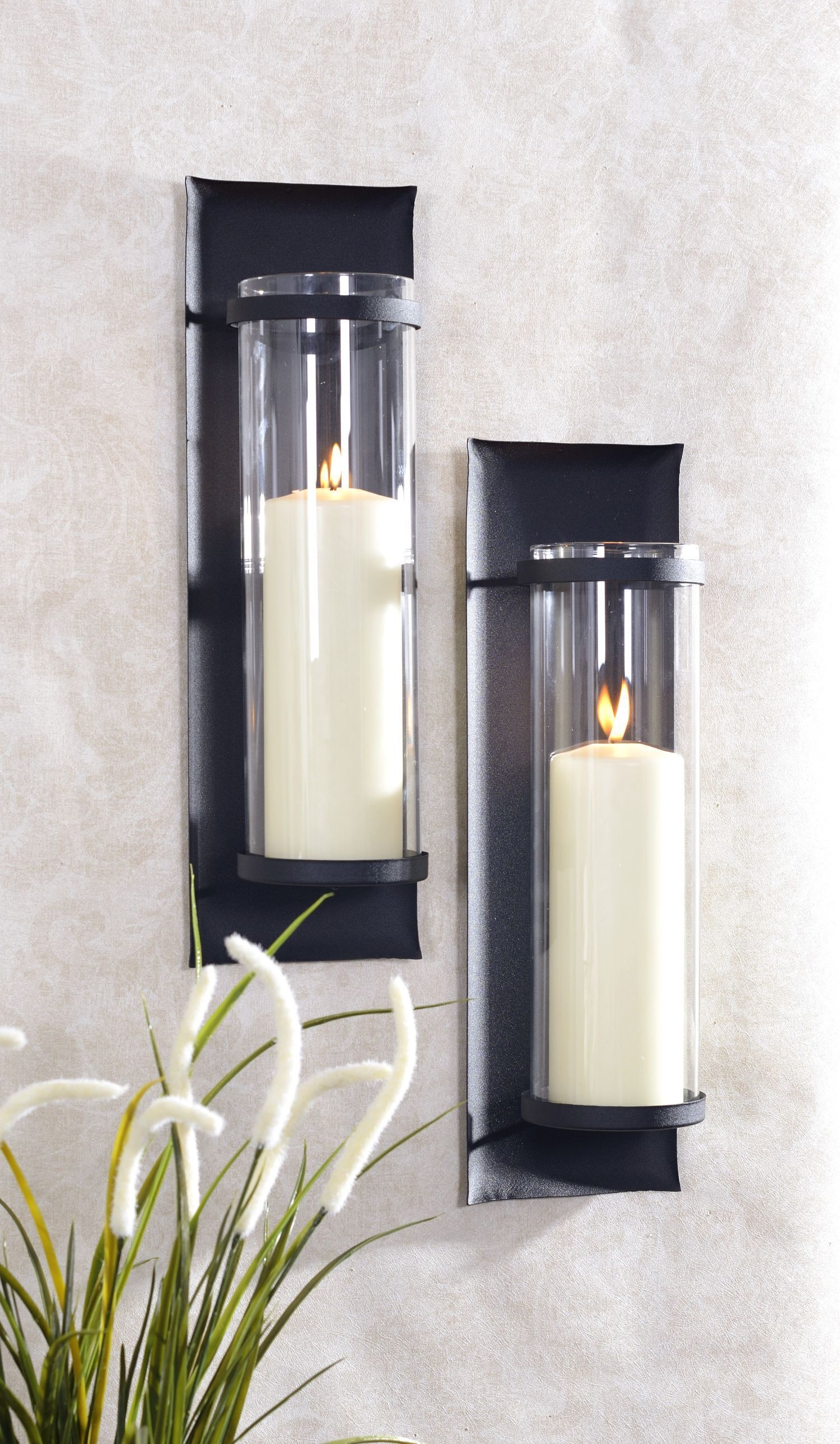Wandkerzenhalter Schwarz Metall Glas H: 41 cm Modern 2er Set Kerze