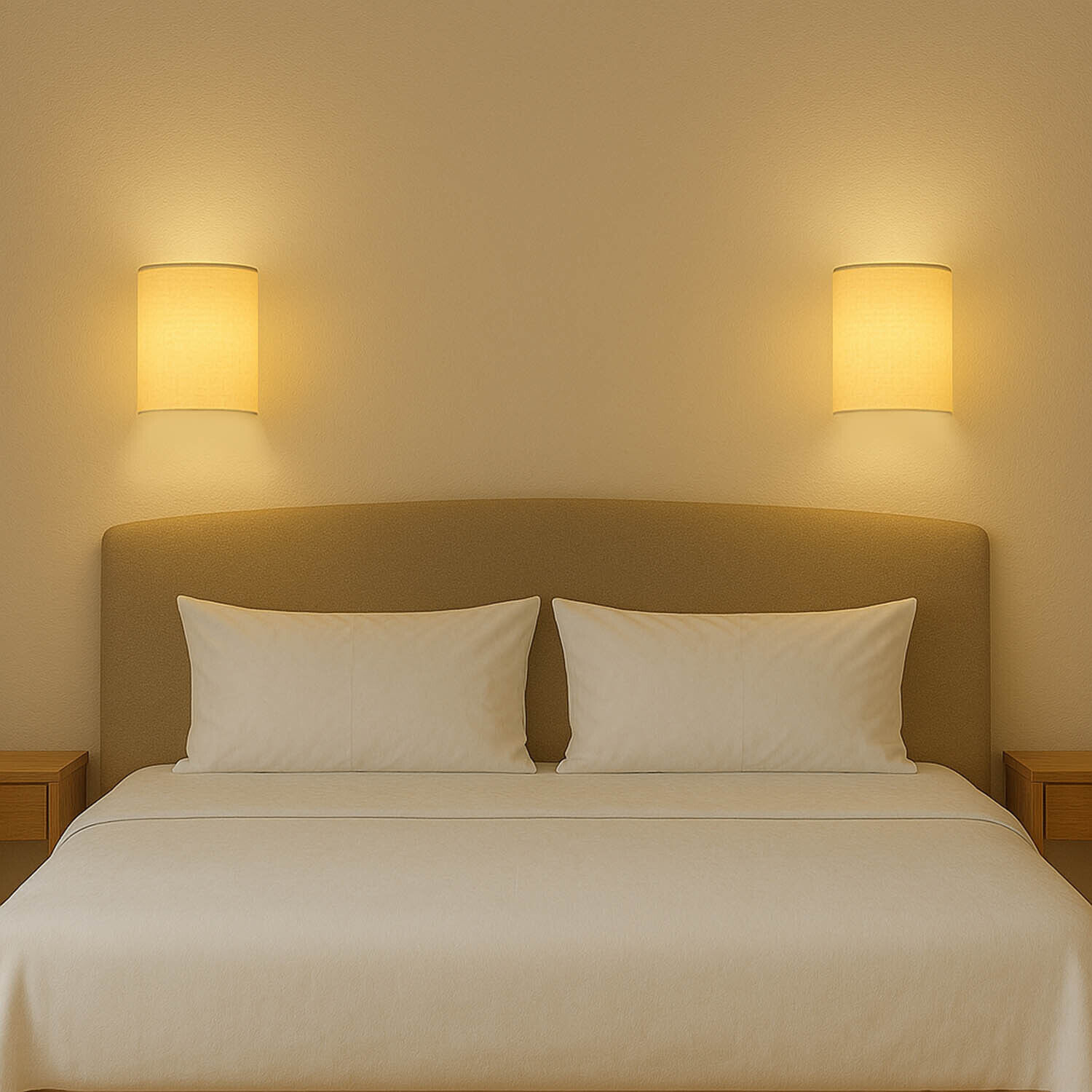 Wandleuchte ALICE Kaffee Braun Stoff Schirm modern Bett, zwei Kissen, Nachttischlampen, neutrale Einrichtung, King-Size-Bett