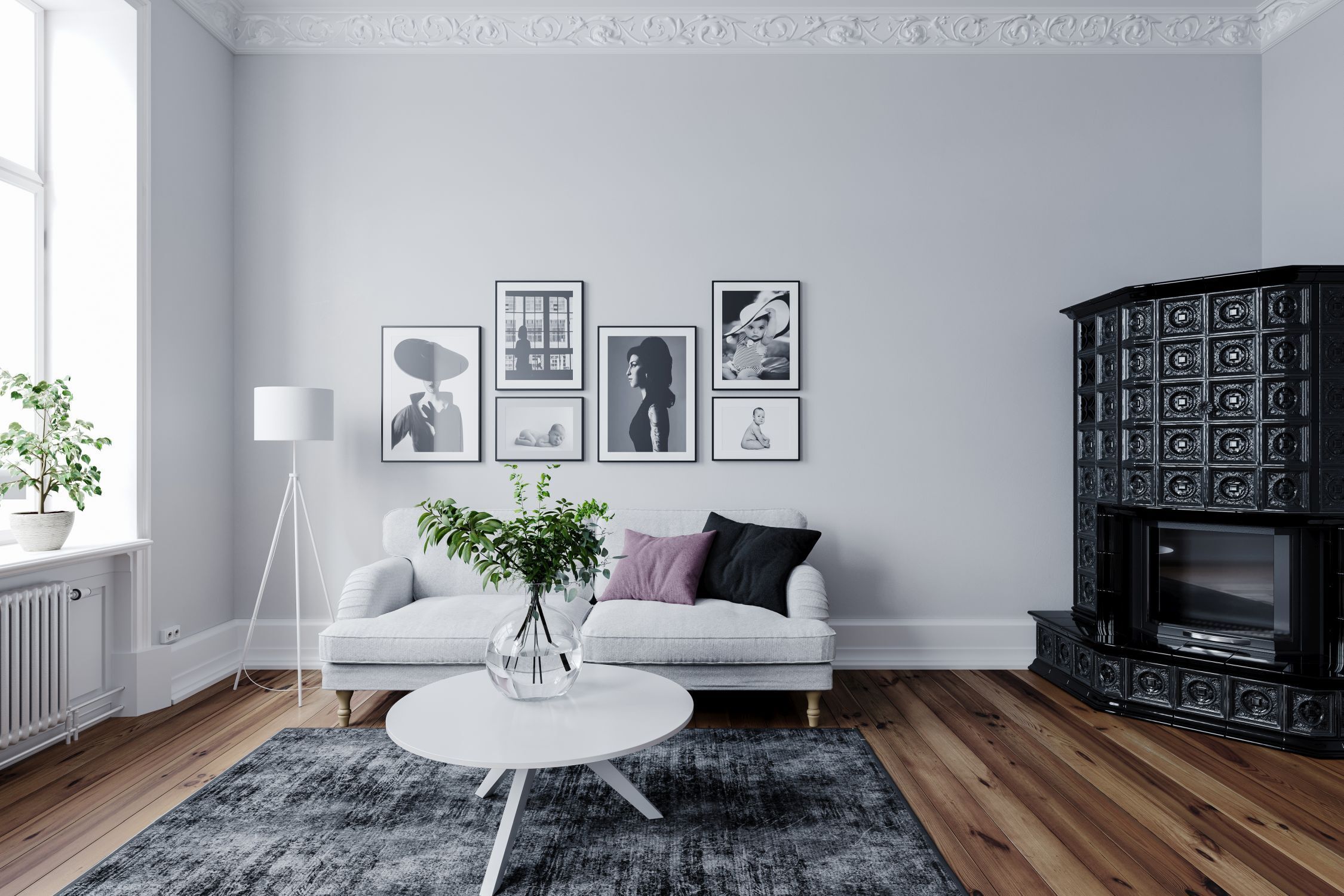 wohnzimmer, sofa, bilderserie, kaminofen, boden