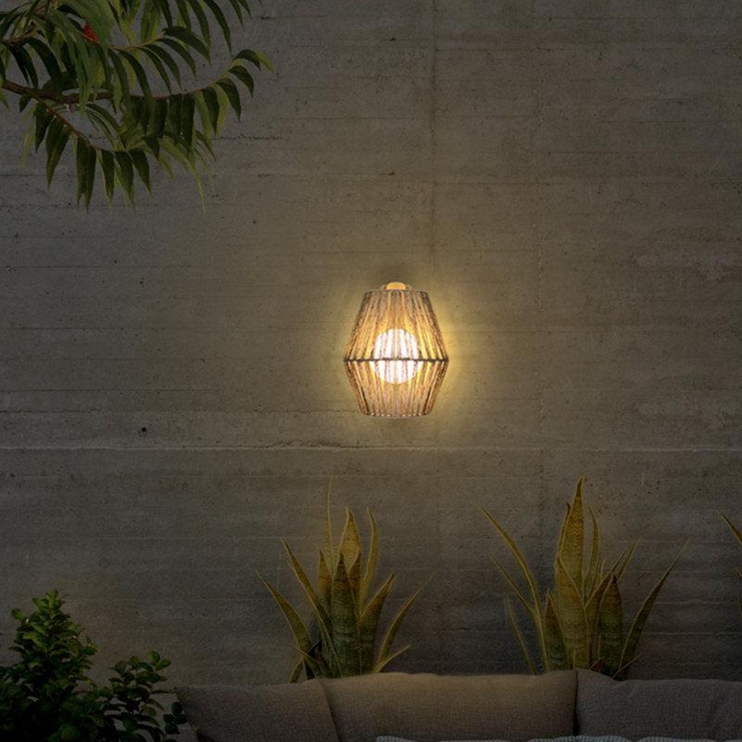 LED Wandlampe kabellos IP54 H: 24,5 cm Rattan außen Dimmer