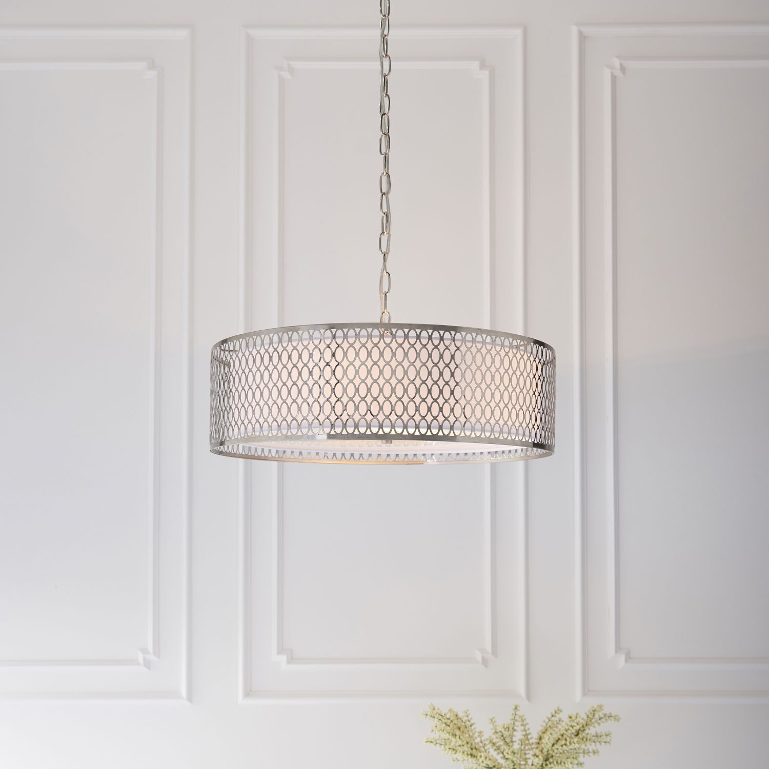 Hängeleuchte rund Ø 56 cm Metall Glas Stoff in Nickel Weiß 3x E27