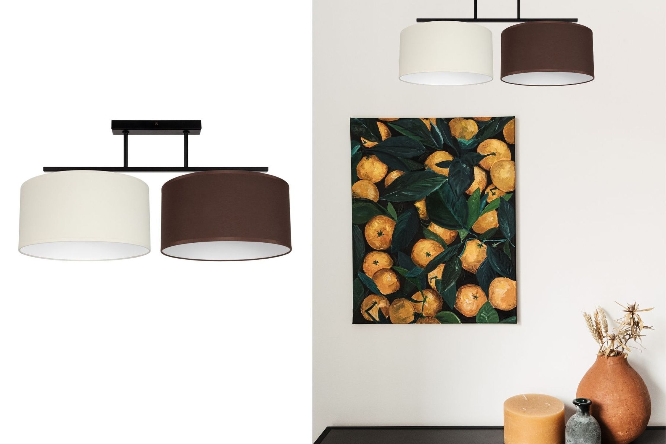 deckenleuchte, zweifarbige lampenschirme, pendelleuchte, braune und cremefarbene schirme, wohnzimmer licht