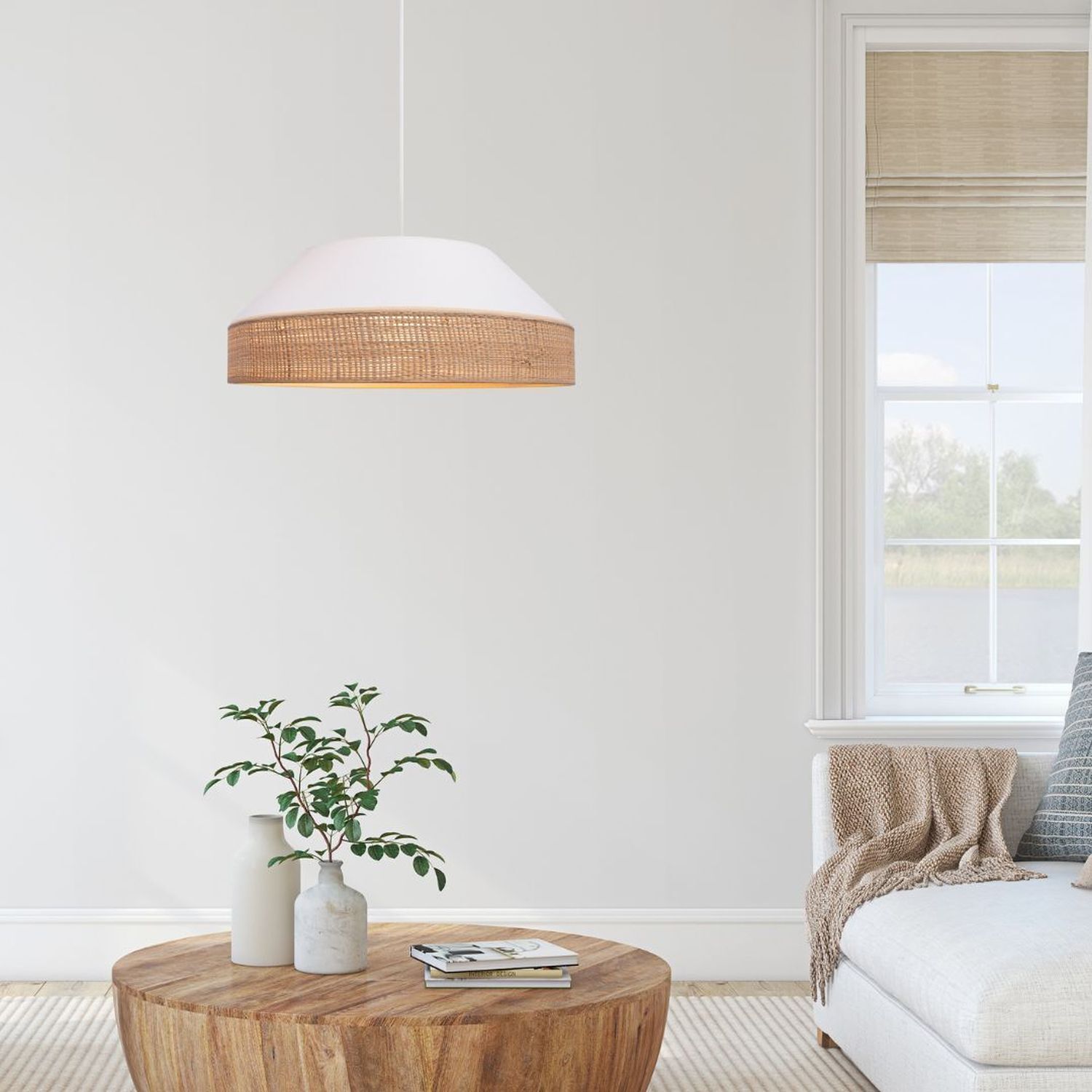 Blendarme Hängeleuchte Stoff Rattan E27 Ø45 cm wohnlich